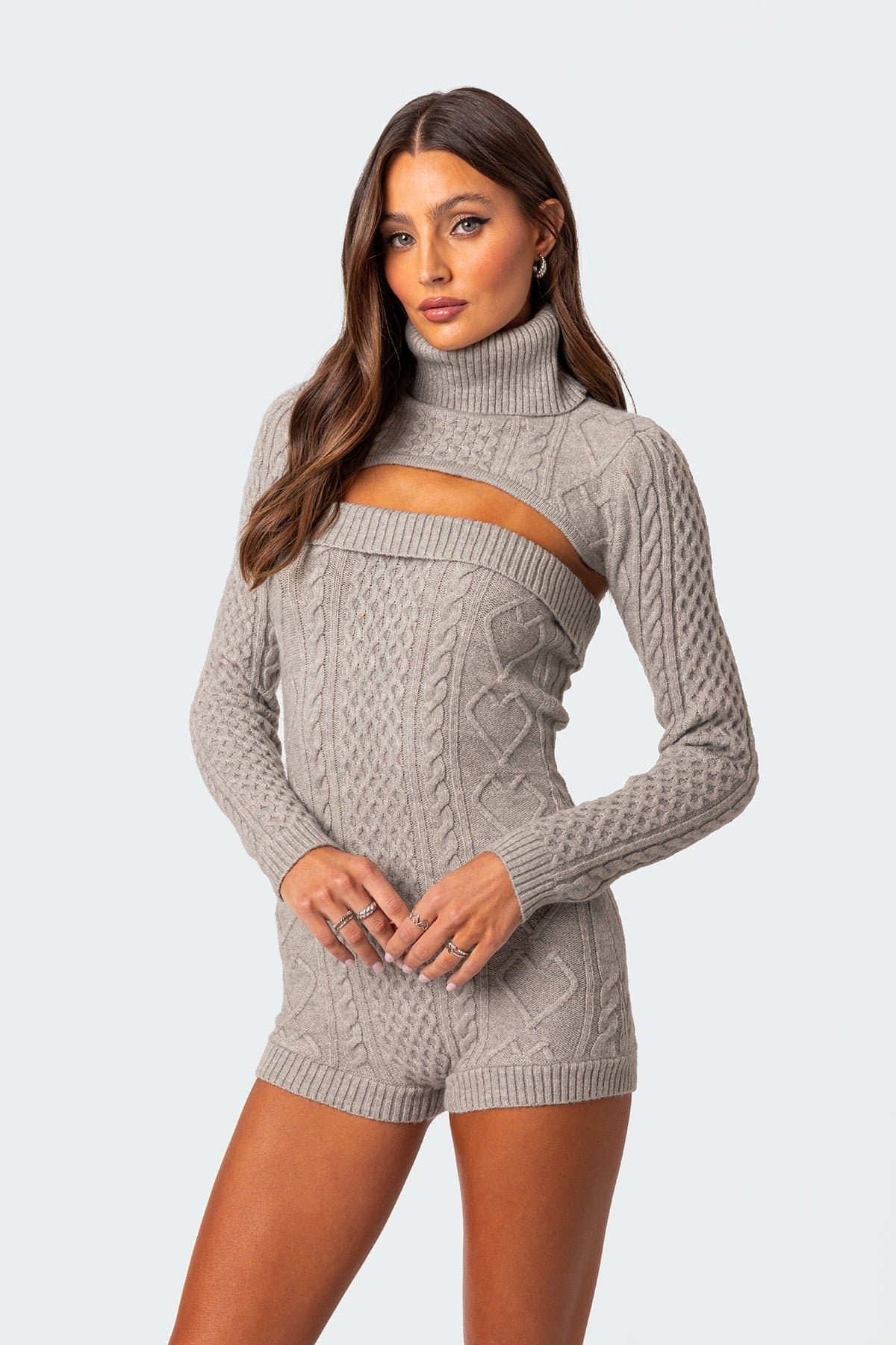 Finnley Two Piece Cable Knit Romper with Turtle Neck Shrug Polyester Rayon
