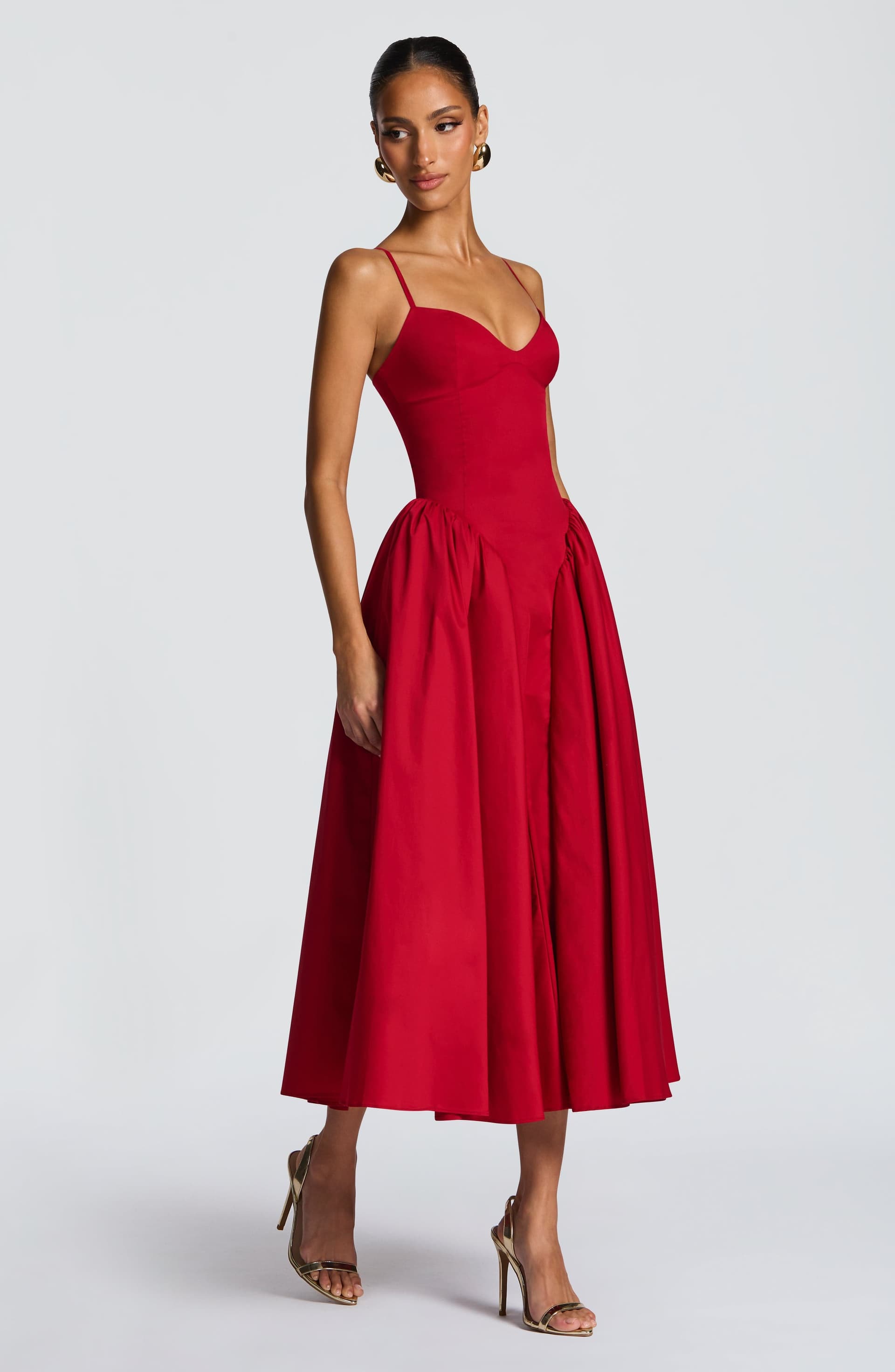 Emerson Midi Dress Red Sweetheart Neckline Lace-Up Back Dropped Waist