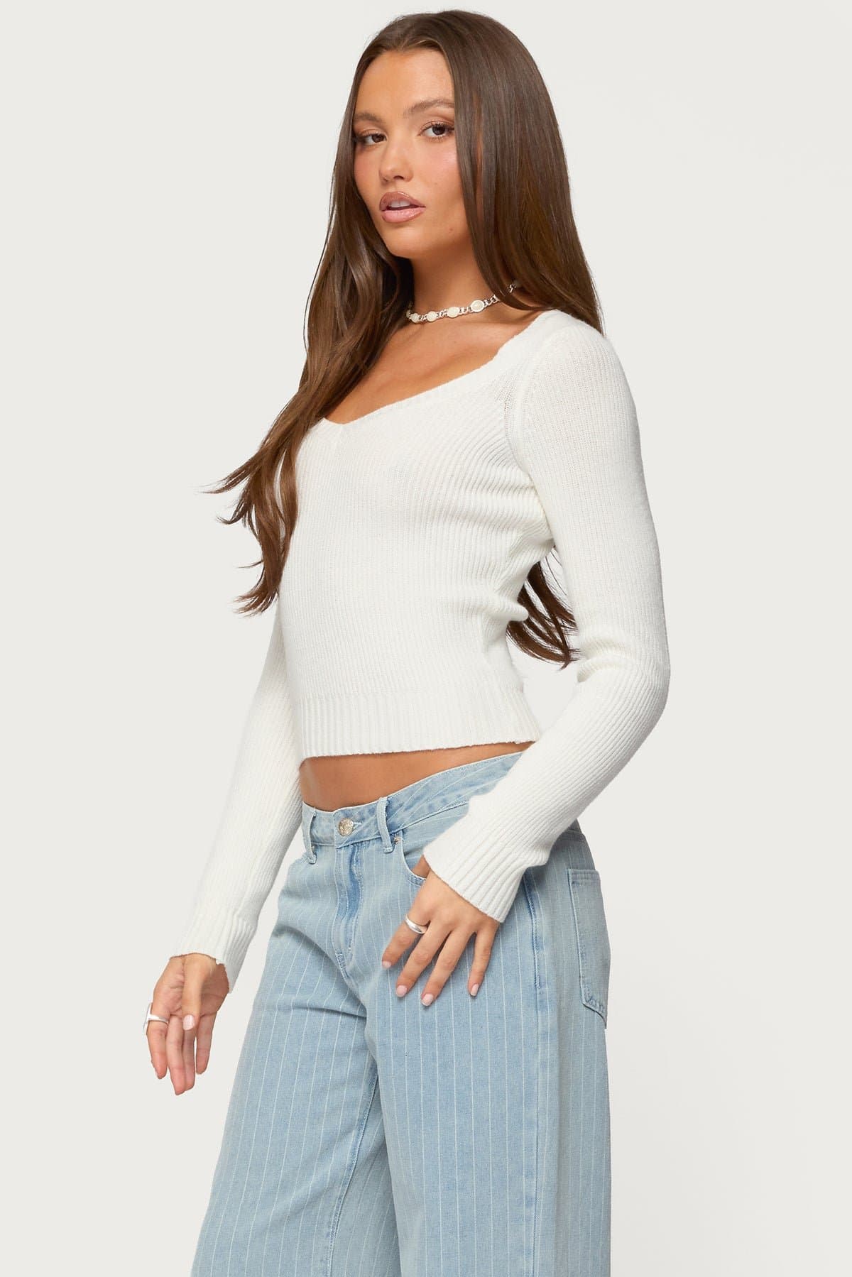 Maliah Ribbed Knit Long Sleeve V Neck Top - Rayon Polyester Nylon