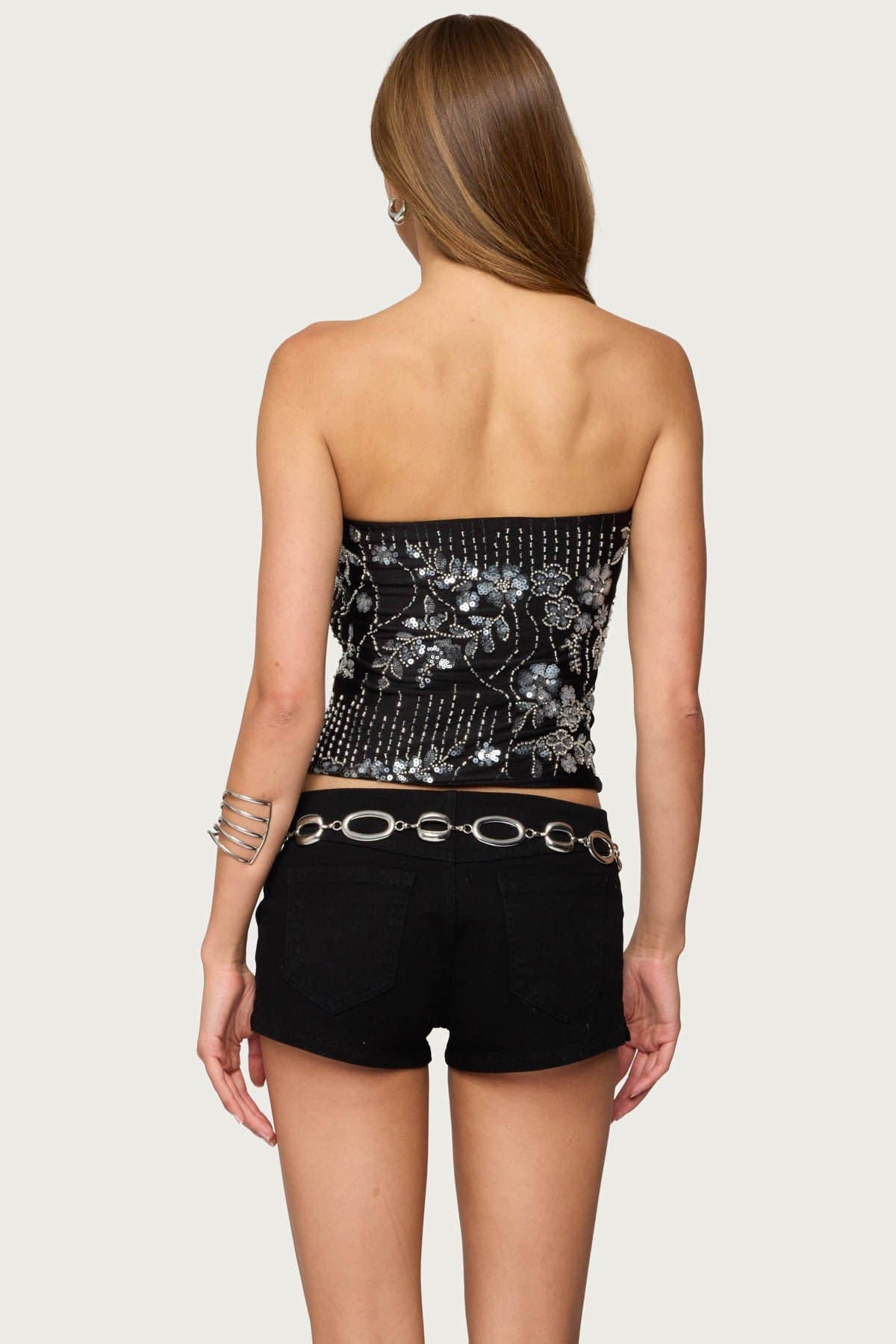 Zelda Bead & Sequin Strapless Top - Polyester Spandex Women's Blouse Size S-XL