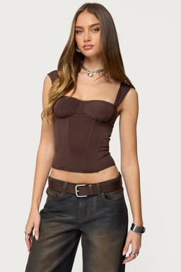Marcella Wide Strap Corset with Cups Boned Bodice Frill Trim Mesh
