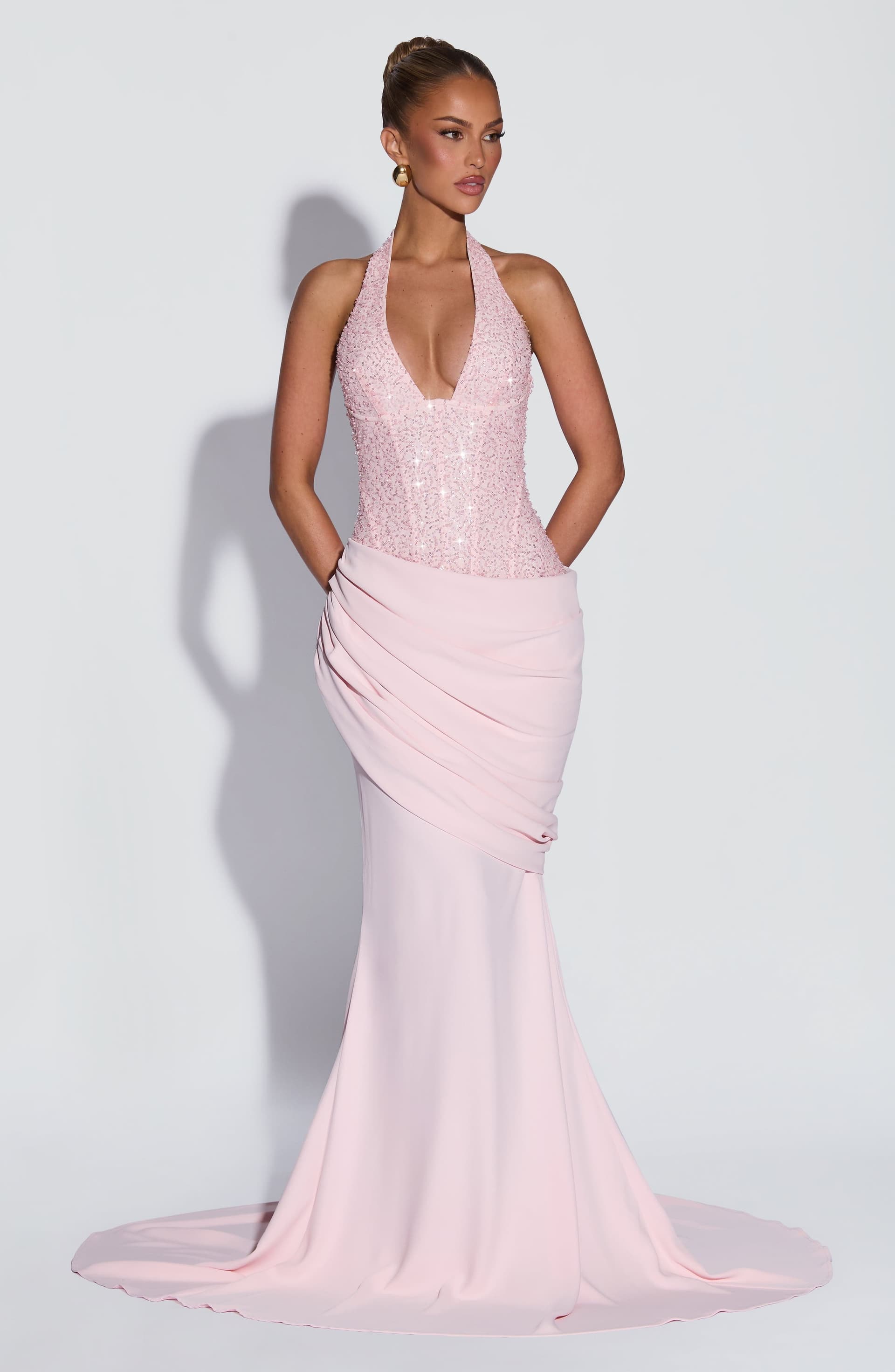 Taylor Blush Gown - Embellished Mesh Bodice, Pleated Twill Skirt, Mermaid Train