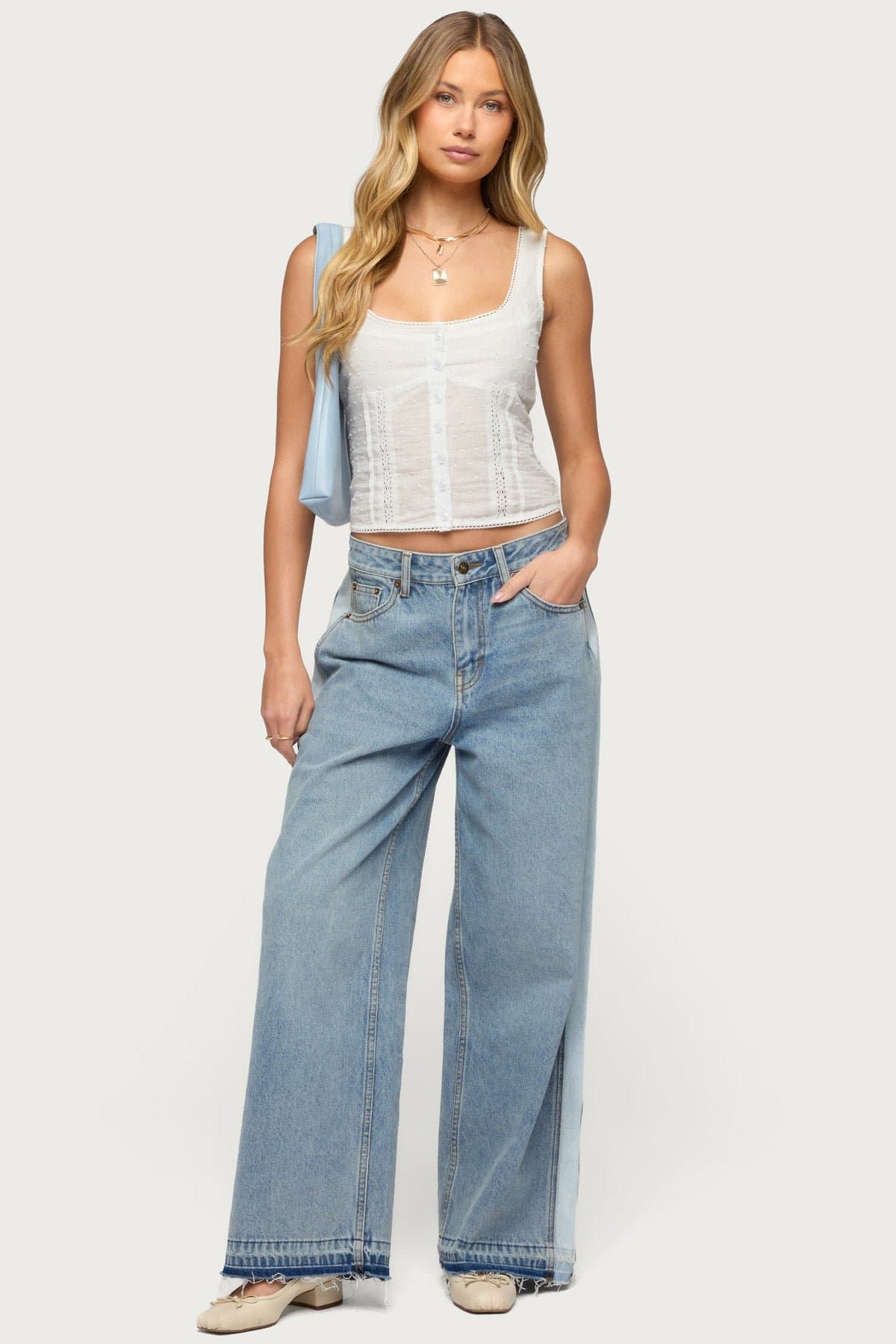 Cailin Contrast Panel Low Rise Baggy Jeans - 100% Cotton Rigid Denim