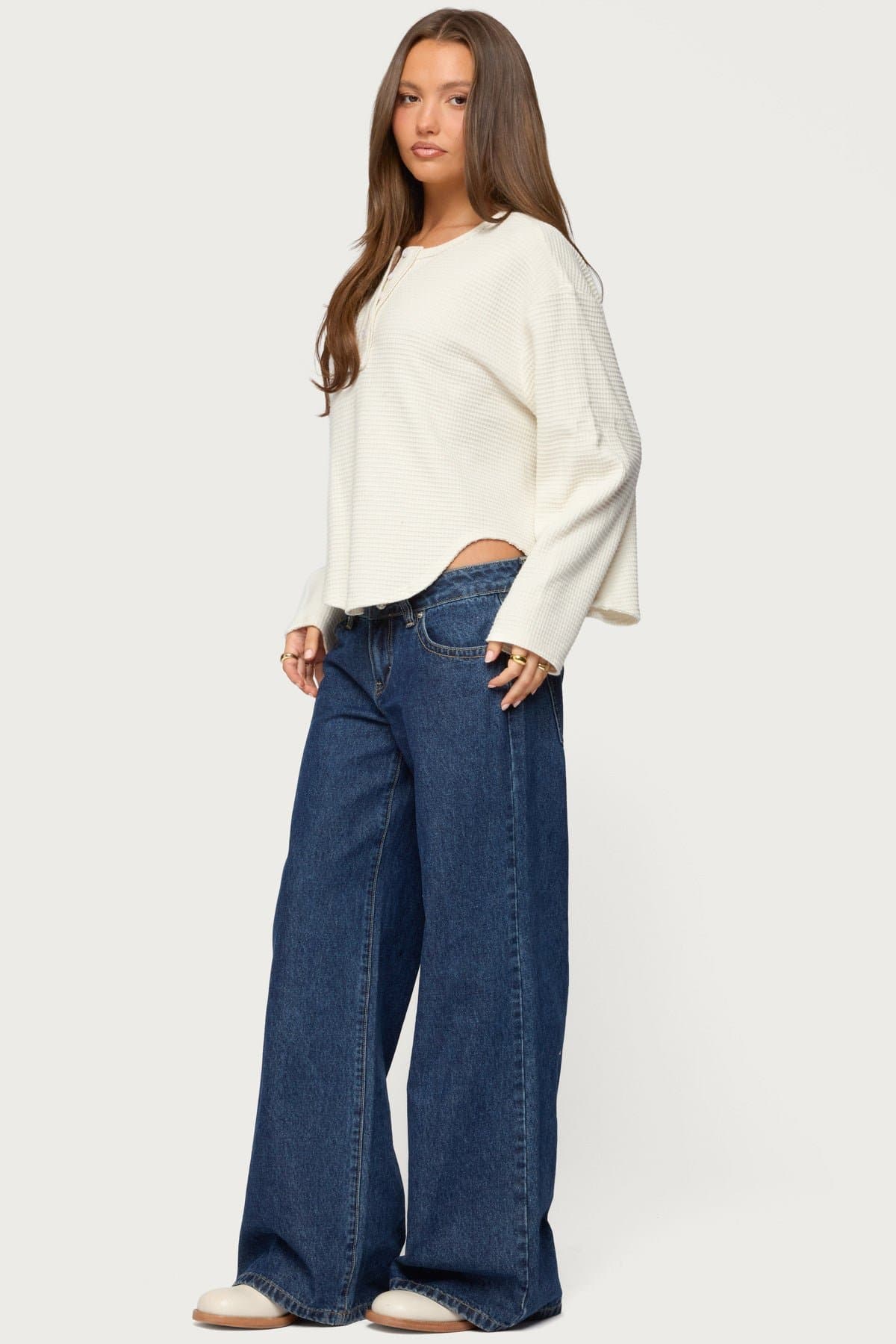 Alisia Oversized Waffle Henley Top - Long Sleeve Rayon Polyester Blend