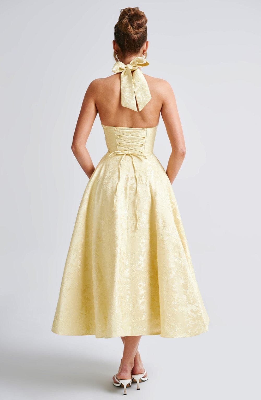 Effie Midi Dress - Lemon Floral Jacquard Plunge Halter Lace Up