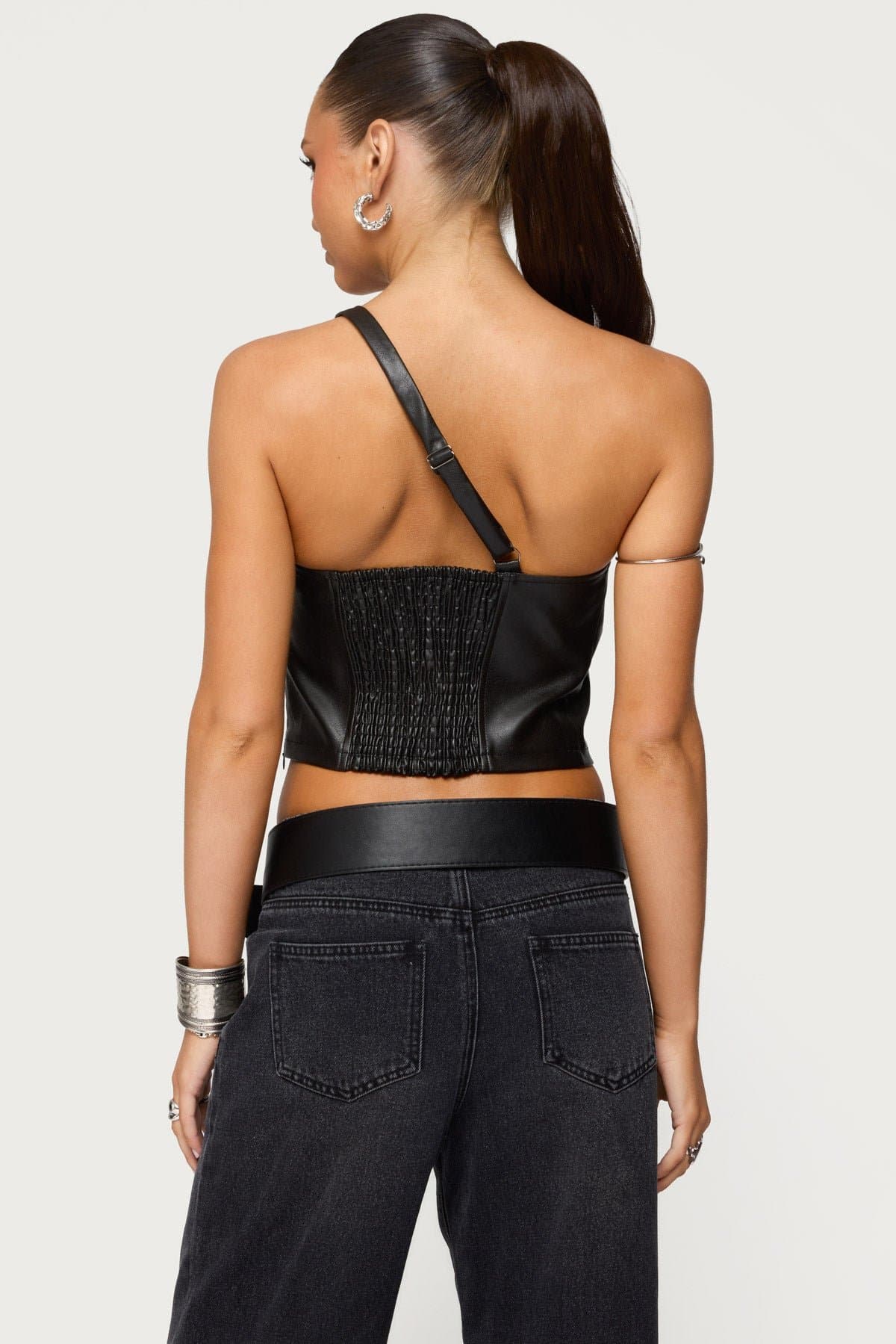 Asymmetric Cutout Faux Leather Top - One Shoulder Adjustable Strap