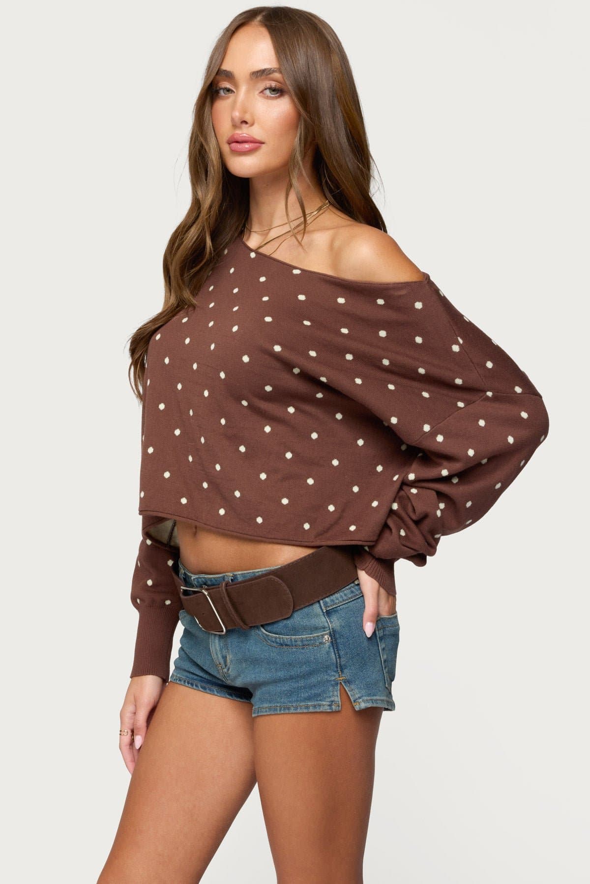 Oversized Off Shoulder Polka Dot Sweater 100% Cotton Knit