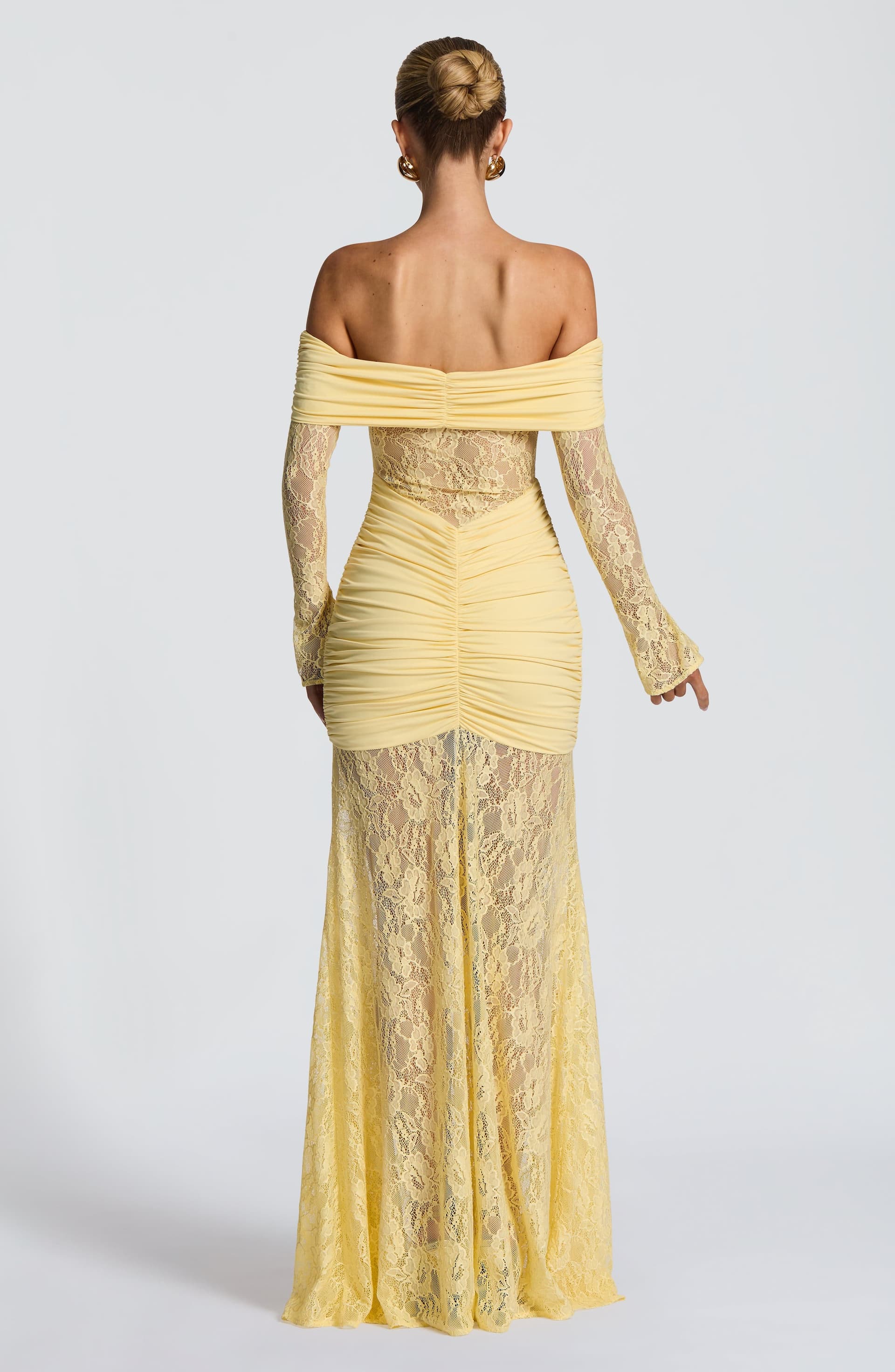 Sauline Maxi Dress in Lemon - Stretch Jersey Floral Lace Long Sleeve