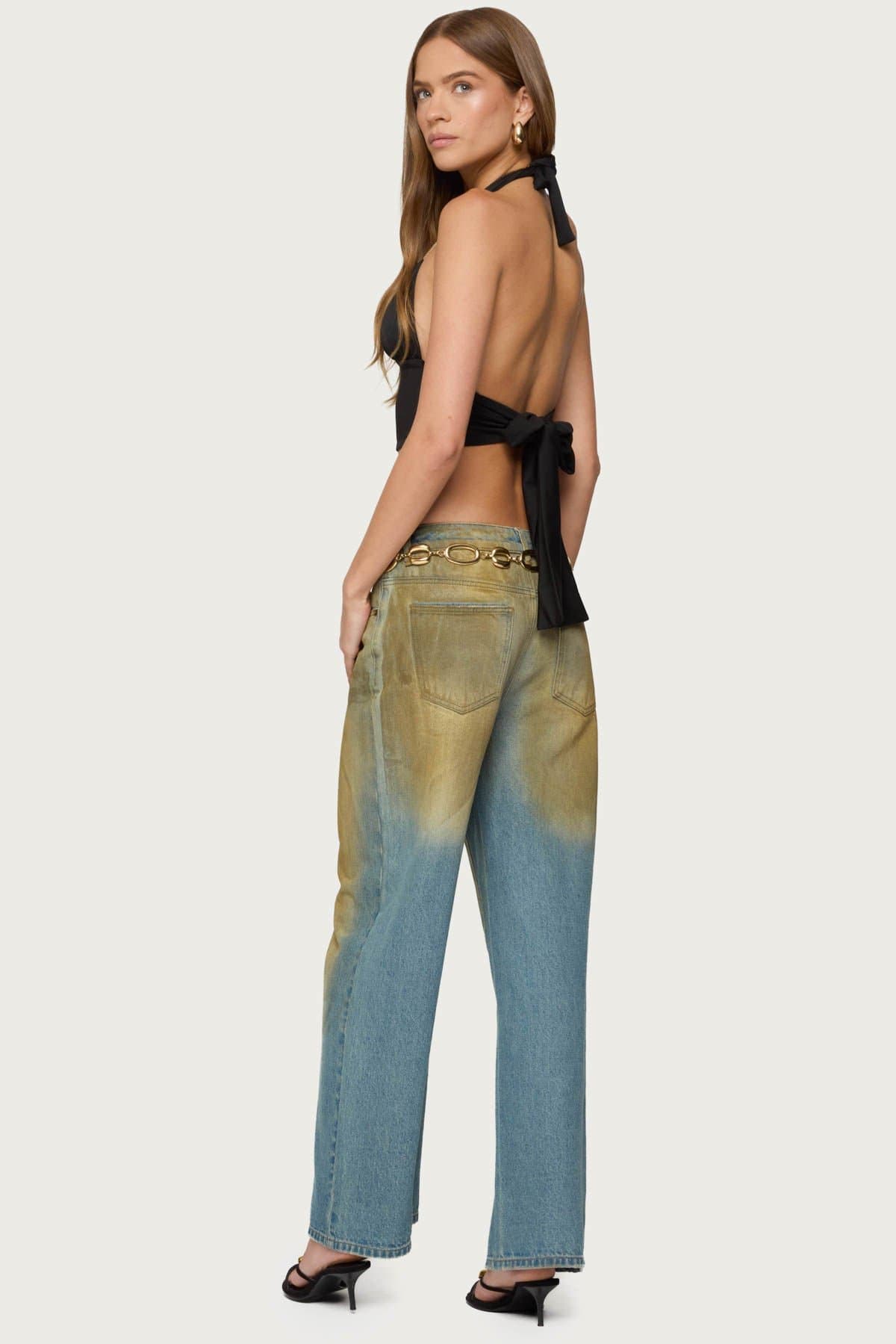 Aiva Backless Plunge Neck Halter Top in Polyester Spandex