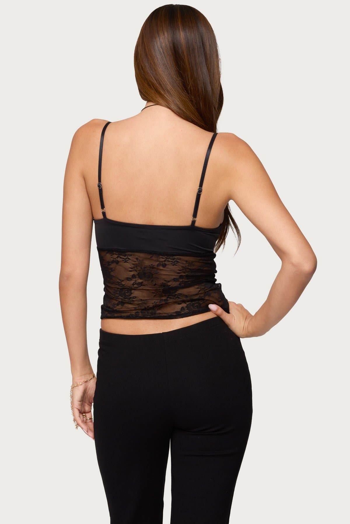 Damarie Cutout Ruched Sheer Lace Tank Top - Adjustable Straps, Nylon Spandex