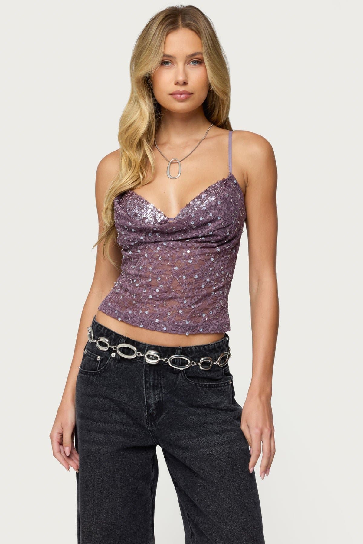 Sequin Layered Bra Cowl Neck Top - Adjustable Straps, Nylon Spandex Fabric
