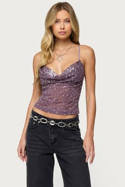 Sequin Layered Bra Cowl Neck Top - Adjustable Straps, Nylon Spandex Fabric