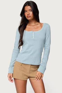 Steffey Scoop Neck Henley Top Long Sleeve 100% Cotton