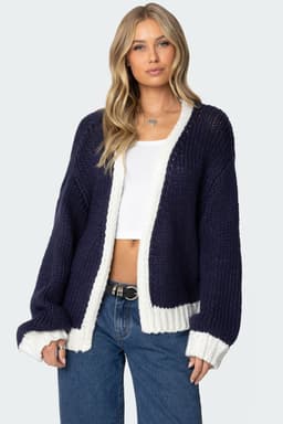 Contrast Chunky Knit Cardigan with Puff Sleeves Acrylic Fabric