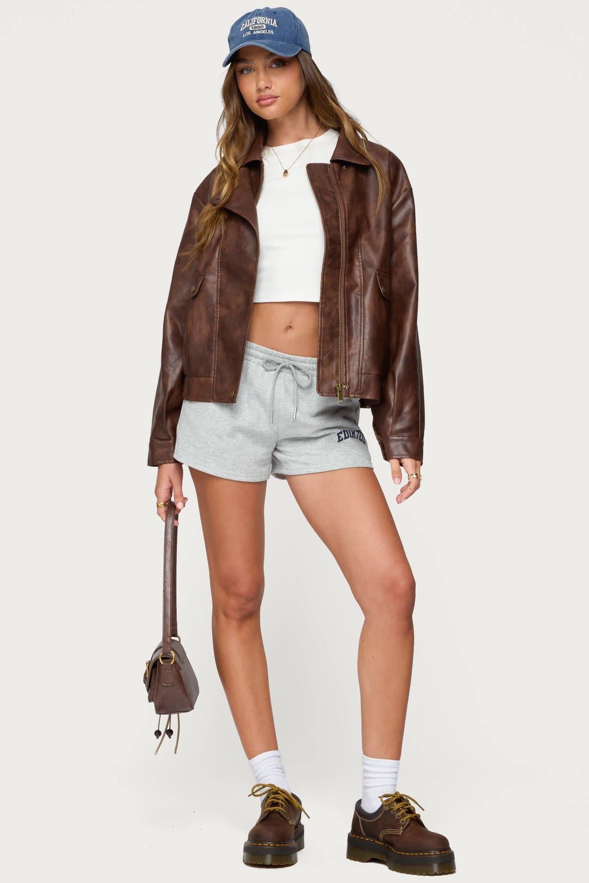 Ardella Oversized Faux Leather Jacket - Polyurethane Polyester Classic Collar Flap Pockets