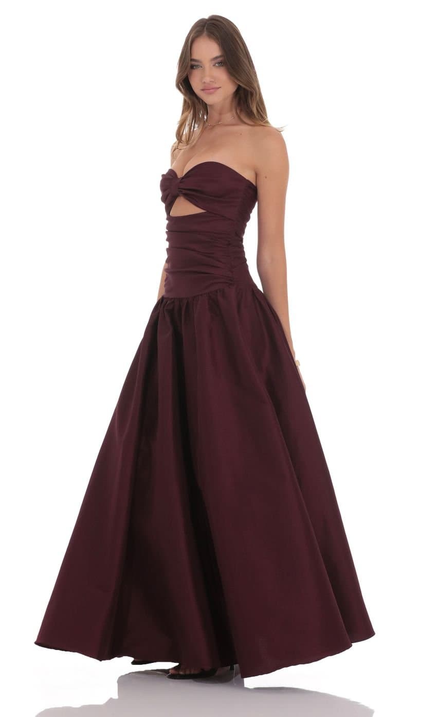 Cutout Drop Waist Strapless Maxi Dress in Wine