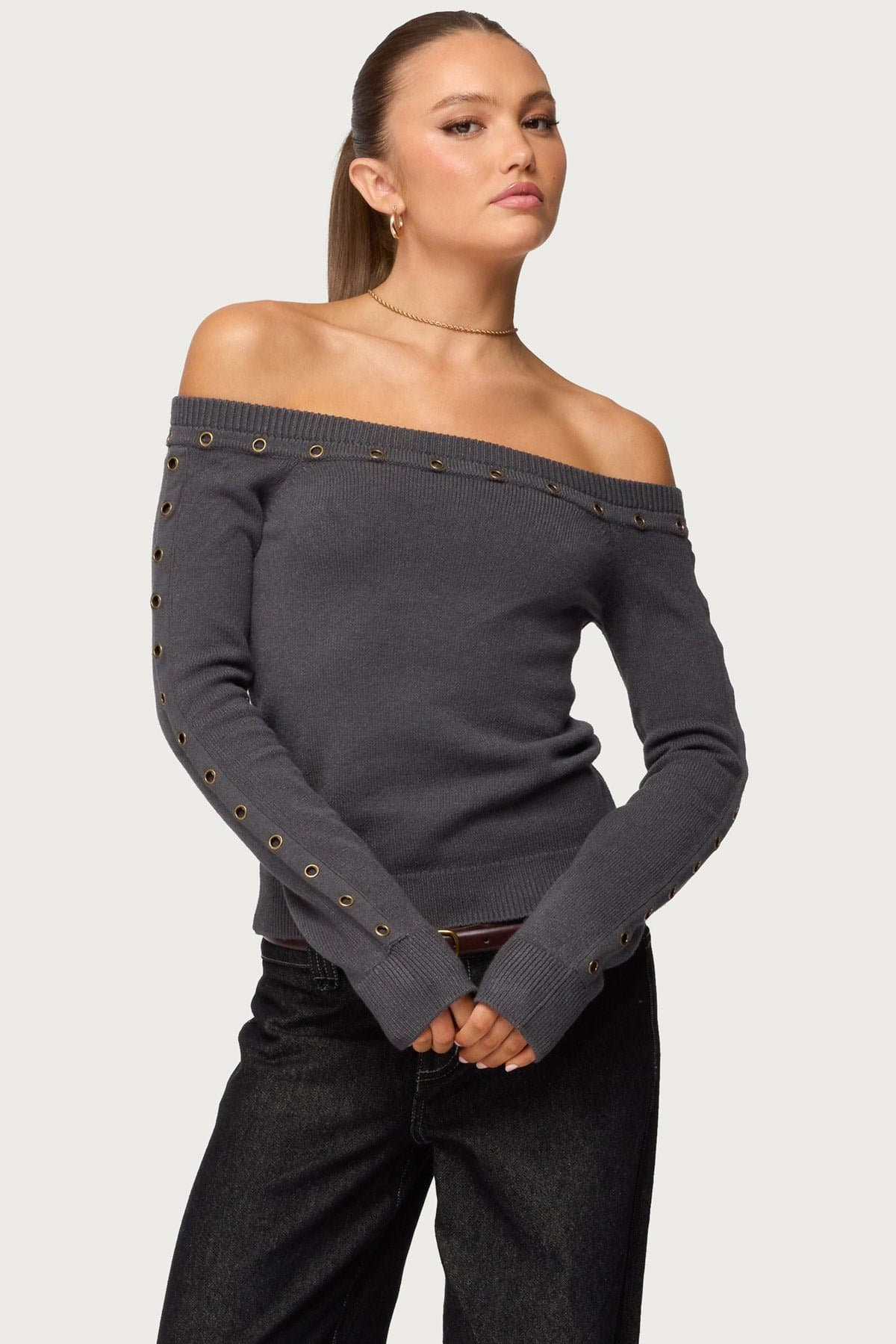 Morgen Grommet Off Shoulder Knit Top - Rayon Polyester Nylon