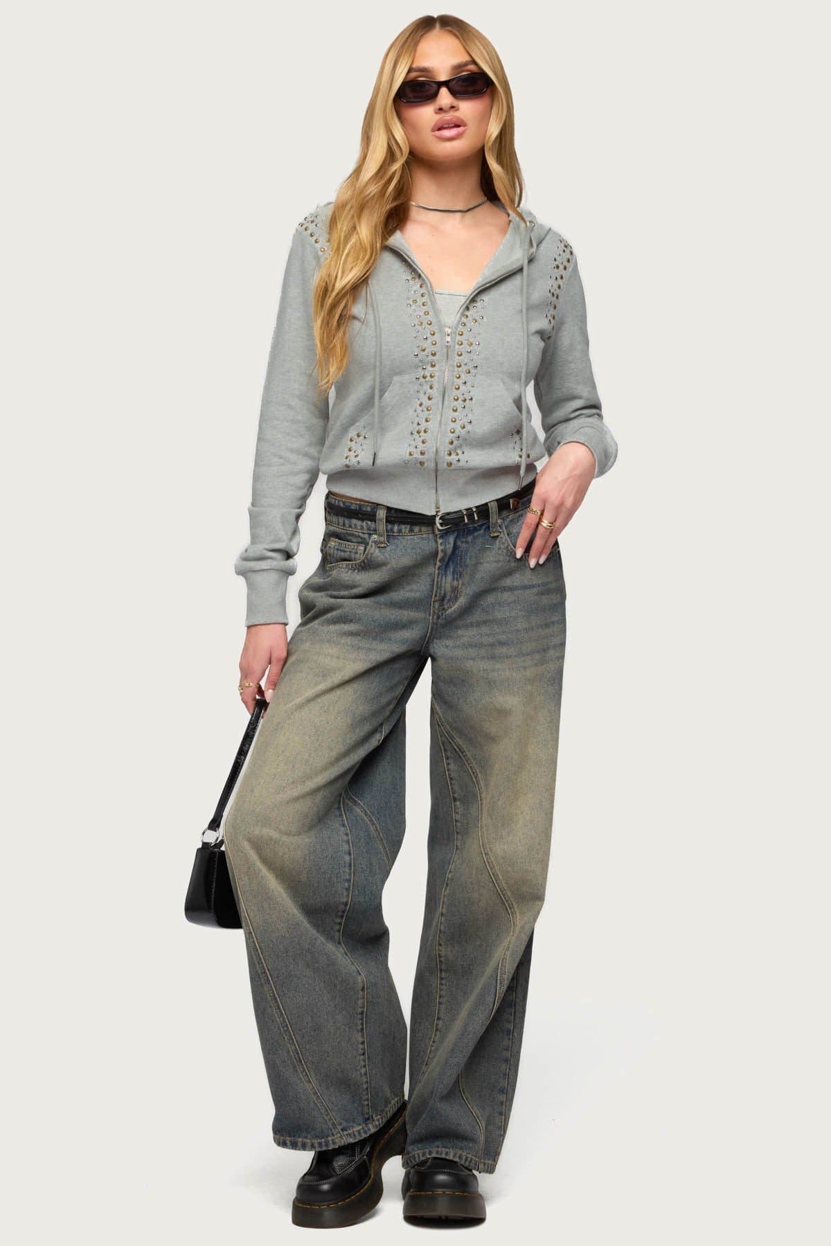 Patricia Studded Zip-Up Hoodie - Polyester Cotton Blend, Front Zip Closure