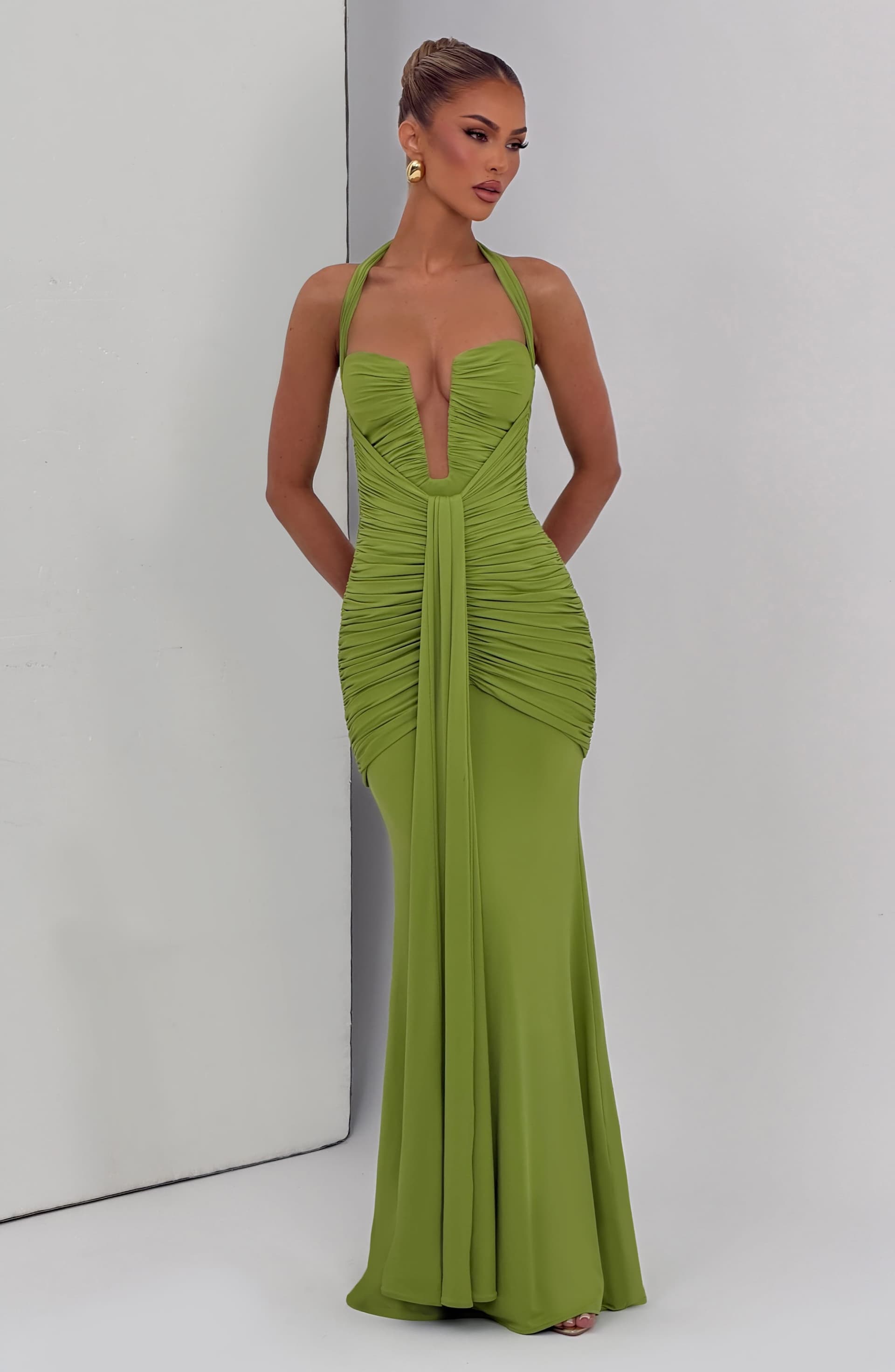Morrigan Maxi Dress - Olive Stretch Slinky Jersey Halter Plunge Mermaid
