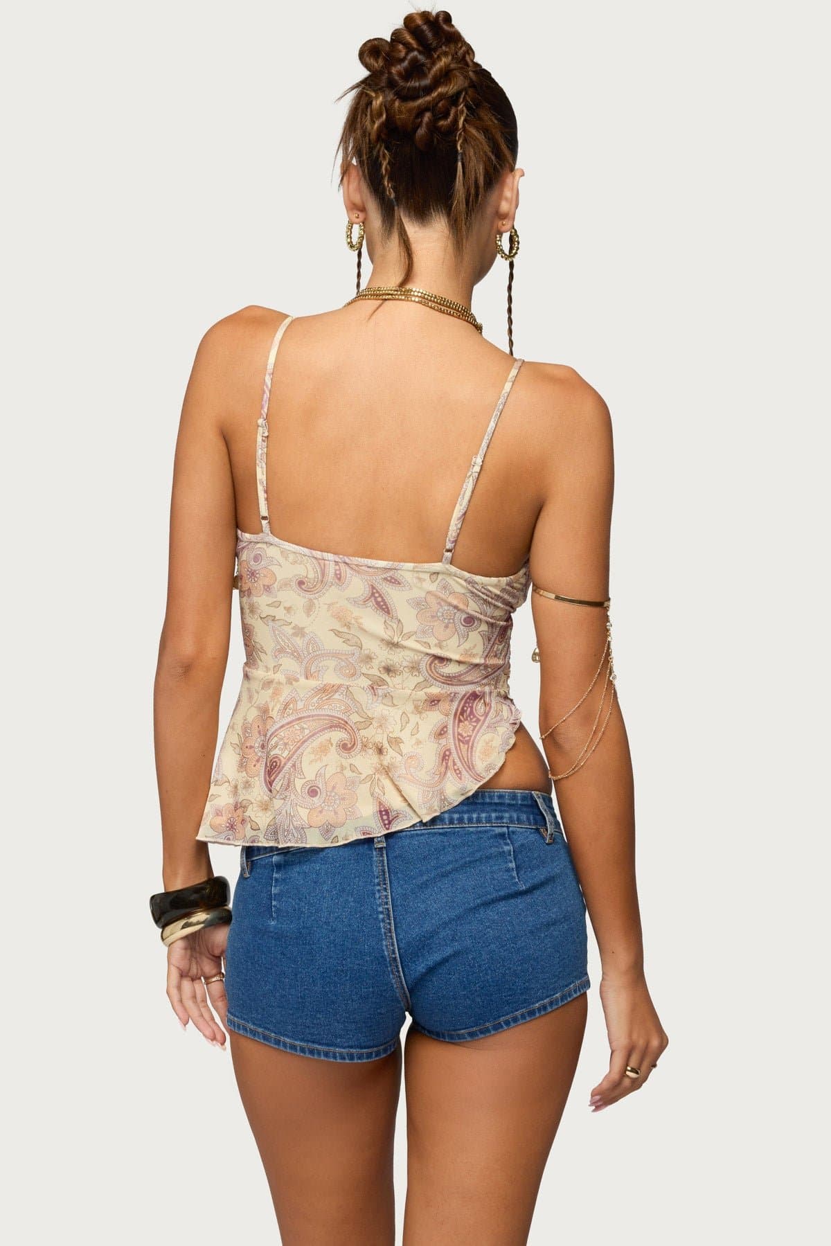 Paisley Asymmetric Ruched Wrap Top with Adjustable Straps