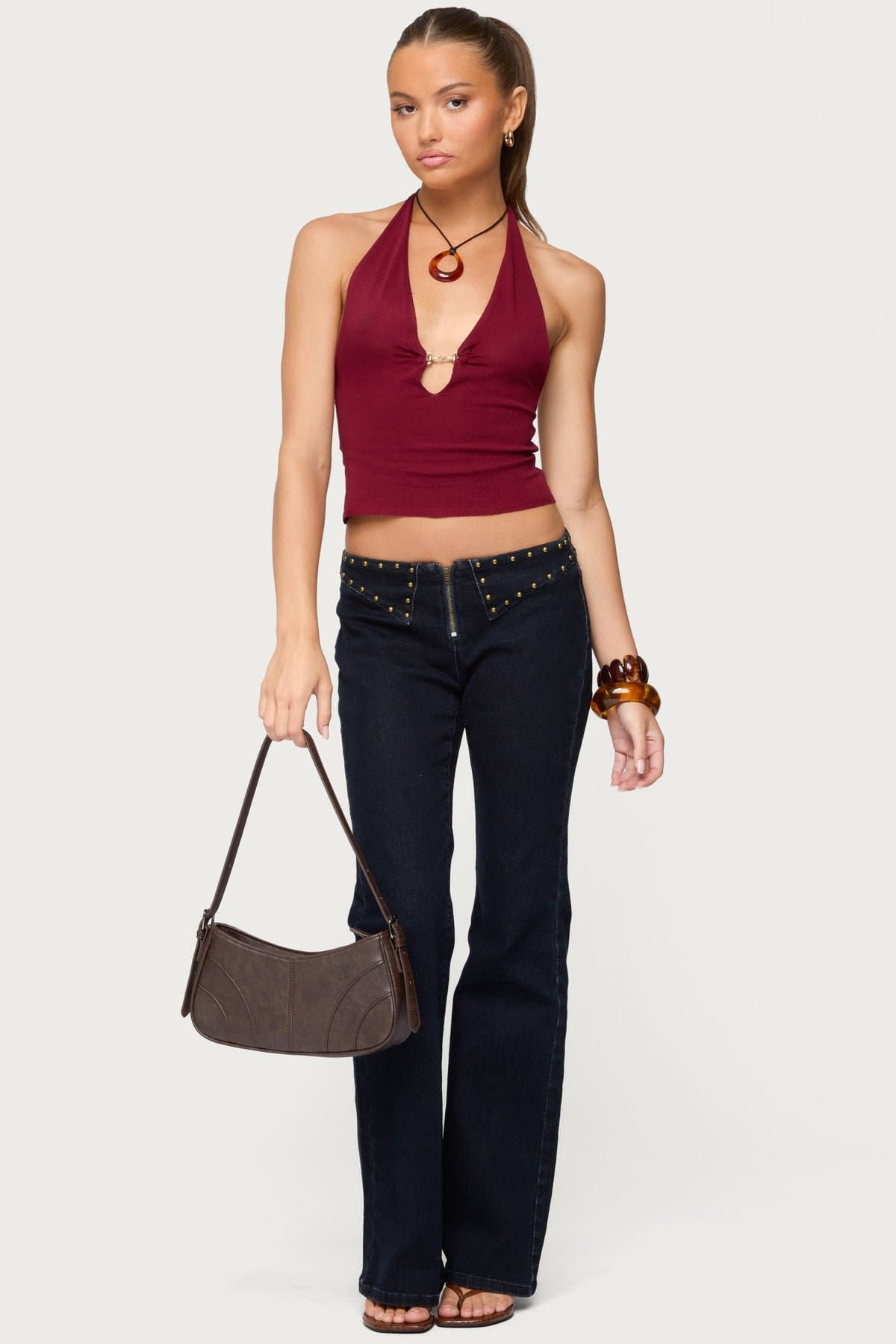 Missie Knitted Plunge Neck Halter Top - Rayon Knit Fabric