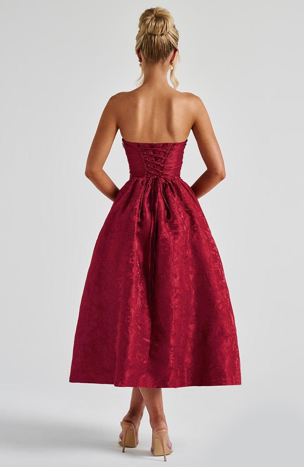 Saoirse Midi Dress in Red - Strapless Floral Jacquard Pleated Bodice