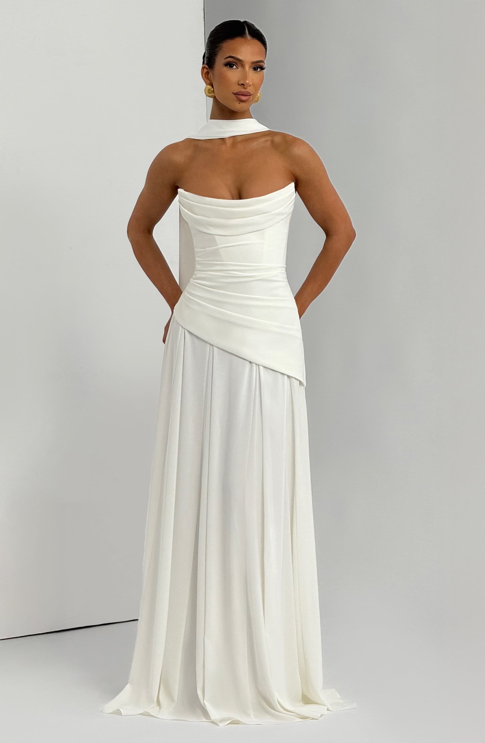 Patricia Maxi Dress in Ivory Chiffon with Lace-Up Back and Godet Skirt