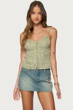 Embroidered Button Up Tank Top with Adjustable Straps V Neck Polyester