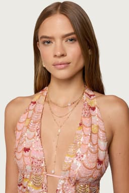 Layered Cascading Necklace - Gold Tone Metal with Bead Detailing, 14.1 Inch Length