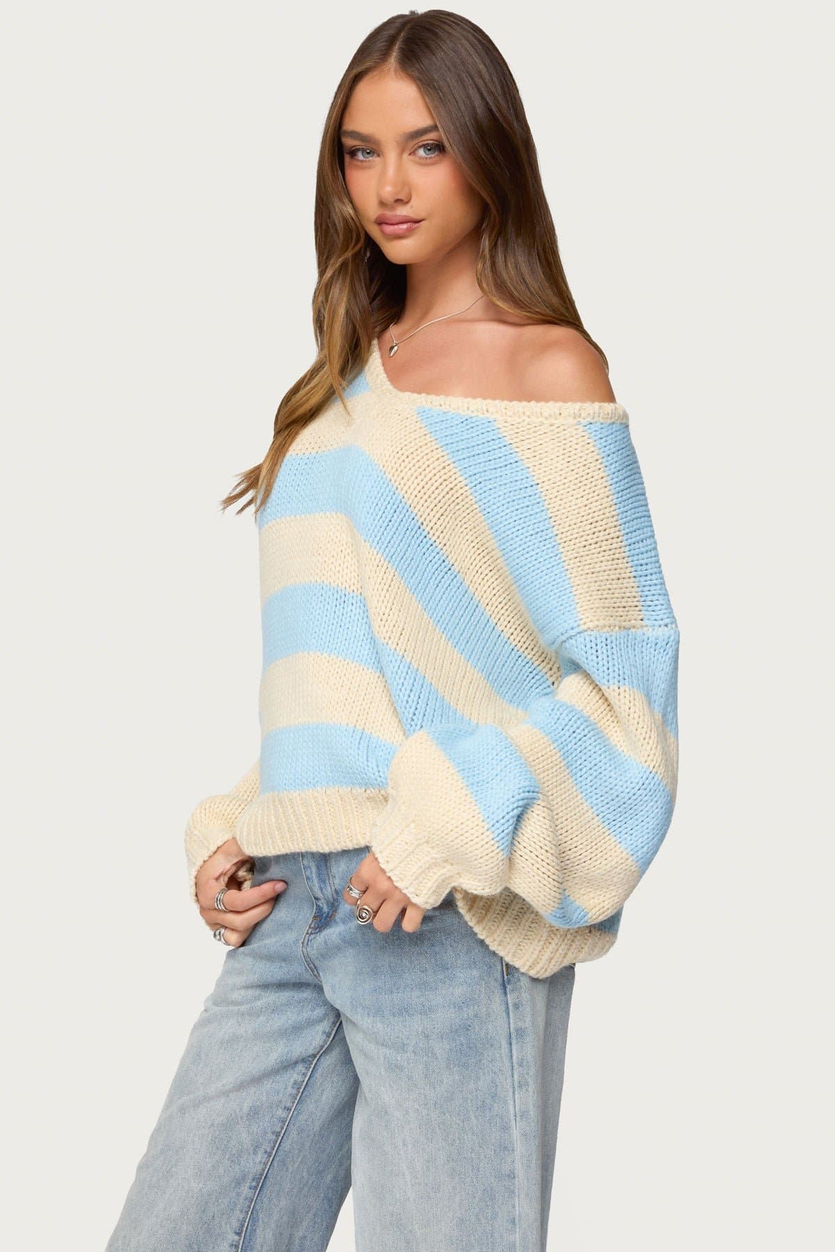 Tracie Striped Oversized V-Neck Sweater - Acrylic Knit