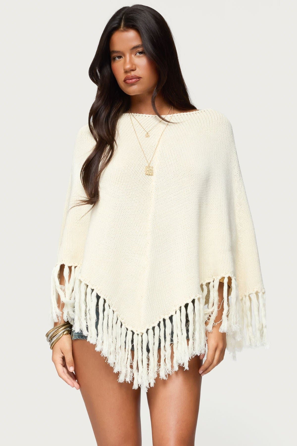 Kamila Fringe Knit Poncho 100% Cotton Fringe Hem XS/S Black