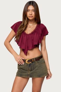 Deena Ruffled V-Neck Top with Open Back and Tie Detail Polyester