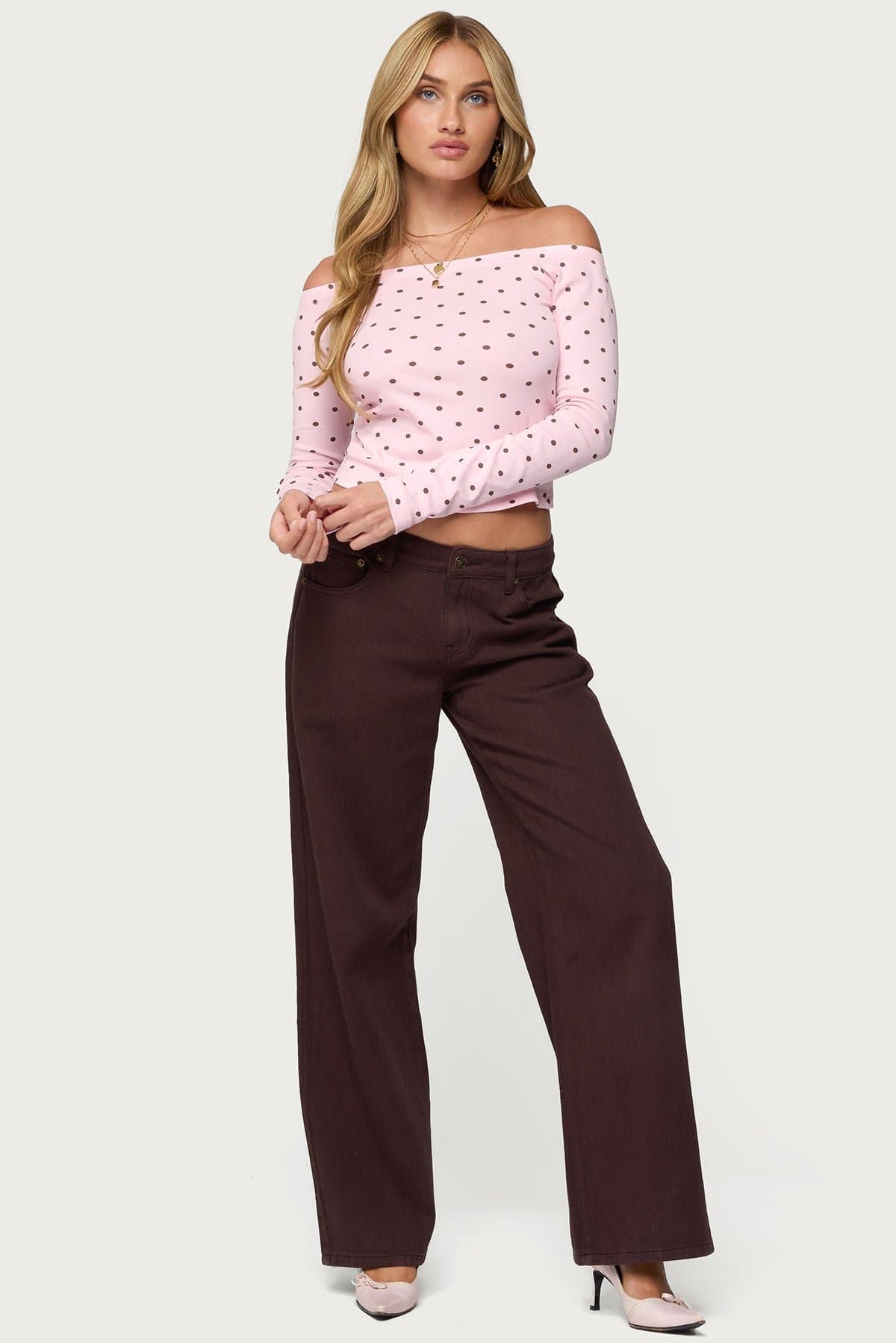 Leandra Off Shoulder Polka Dot Top - Long Sleeve Cotton Spandex