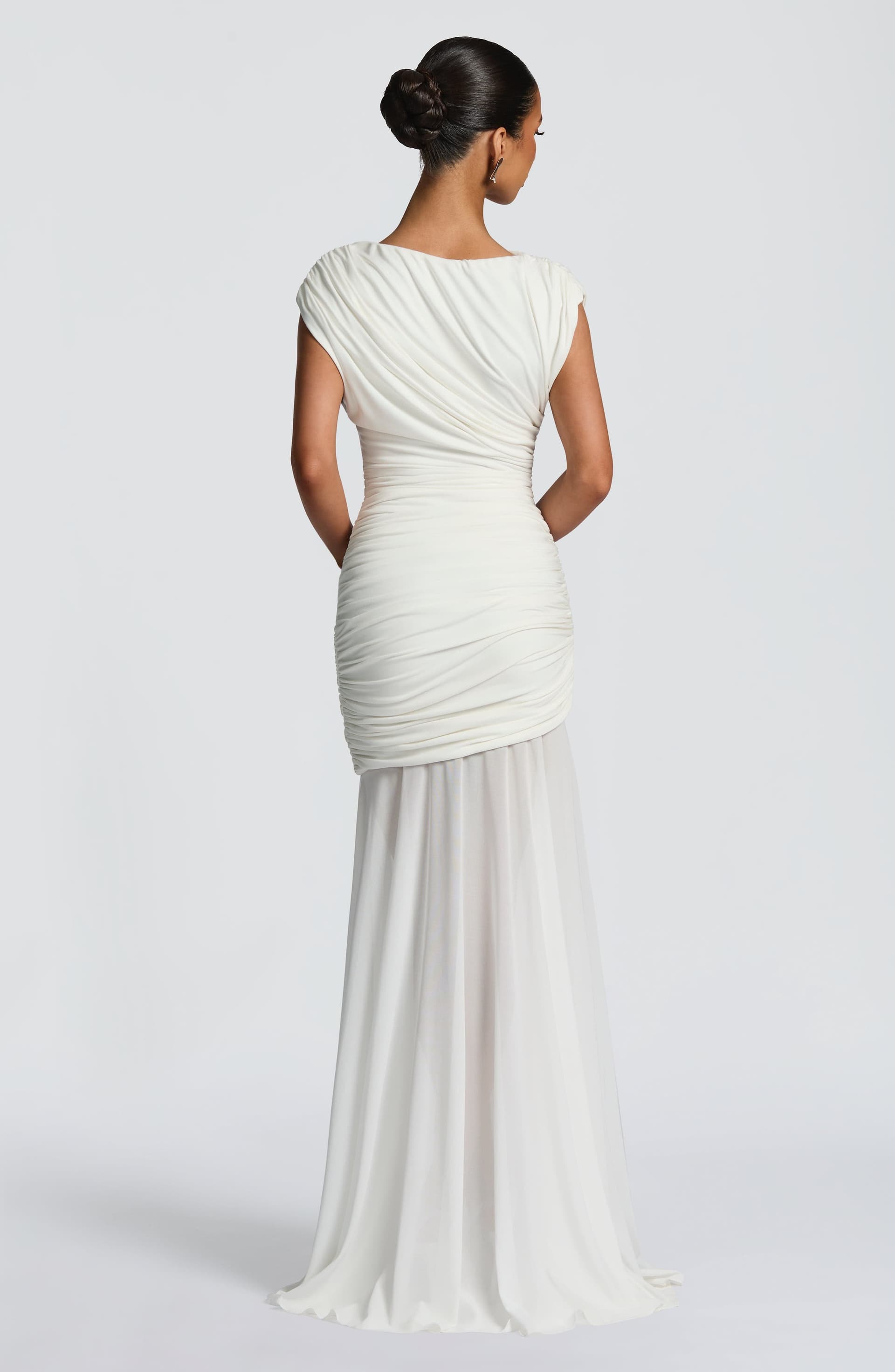 Demelza Maxi Dress in Ivory - Modal Jersey with Mesh, Boat Neck, Ruching