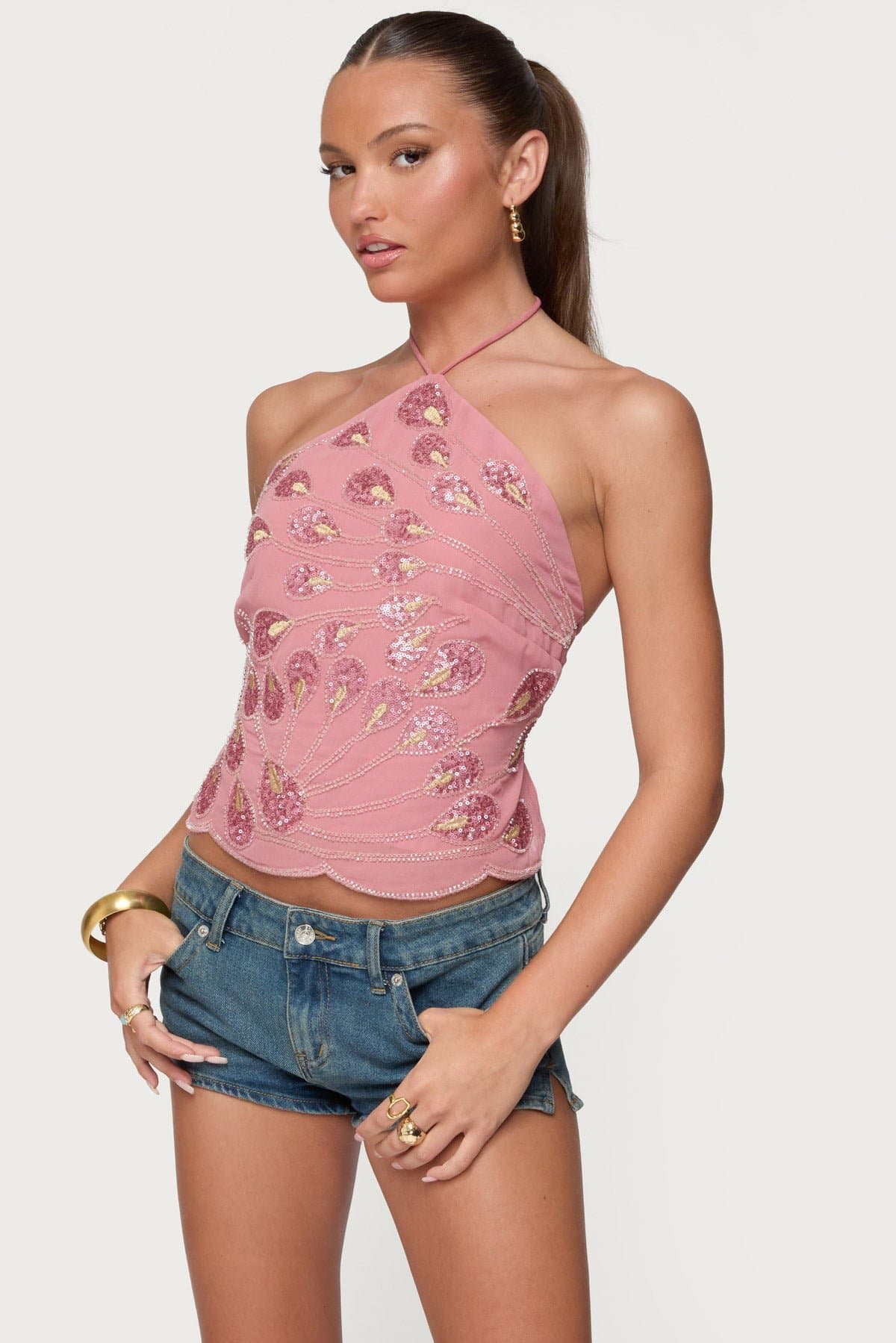 Embroidered Bead & Sequin Halter Top in Chiffon Polyester Spandex