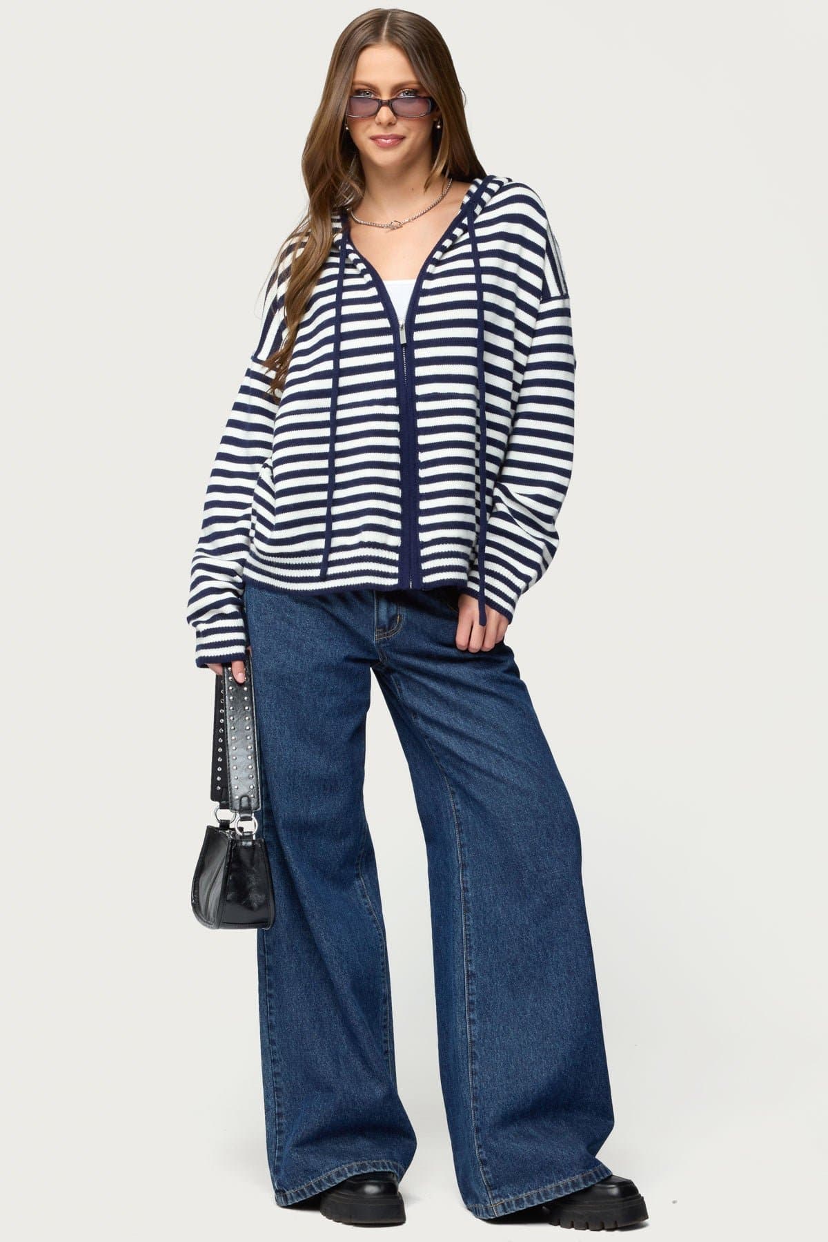 Safari Striped Knit Zip-Up Hoodie - Oversized Acrylic Fit with Contrast Trim