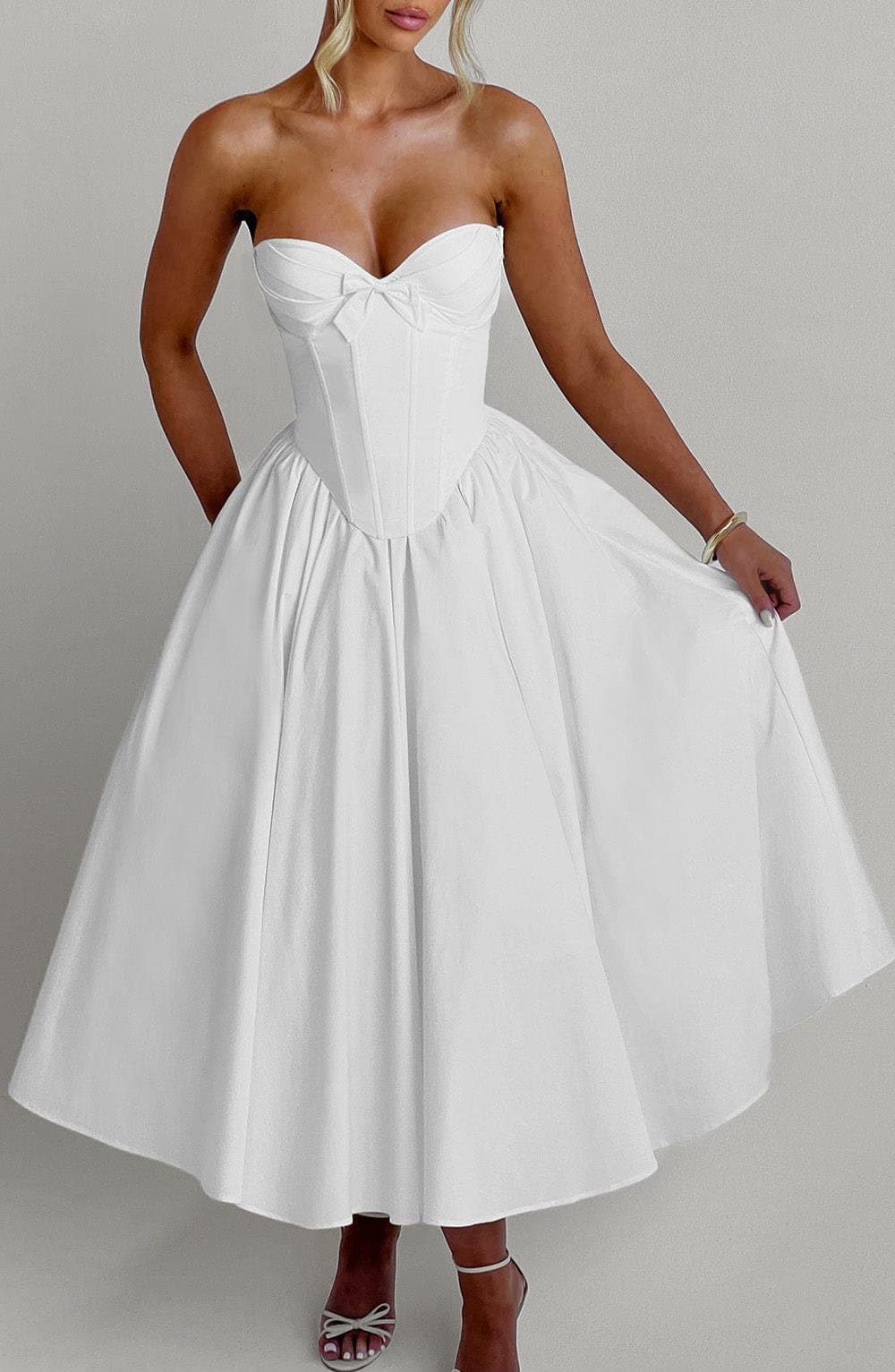 Prim Midi Dress Ivory Strapless Plunge Sweetheart Neckline Lace-Up Back Boned Corset