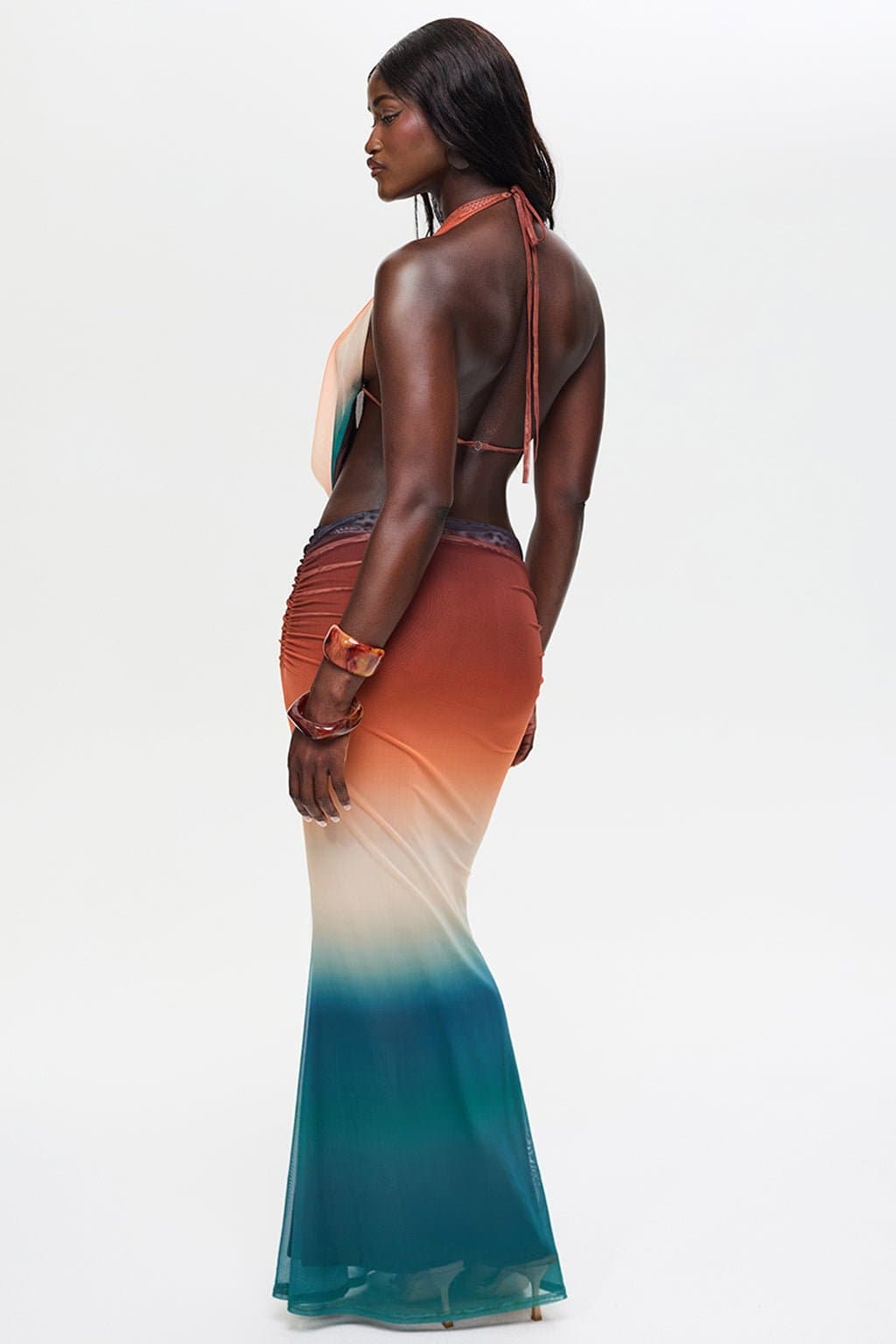 Aquarius Maxi Skirt Fit and Flare with Ruching Hip Detail Ombre Print