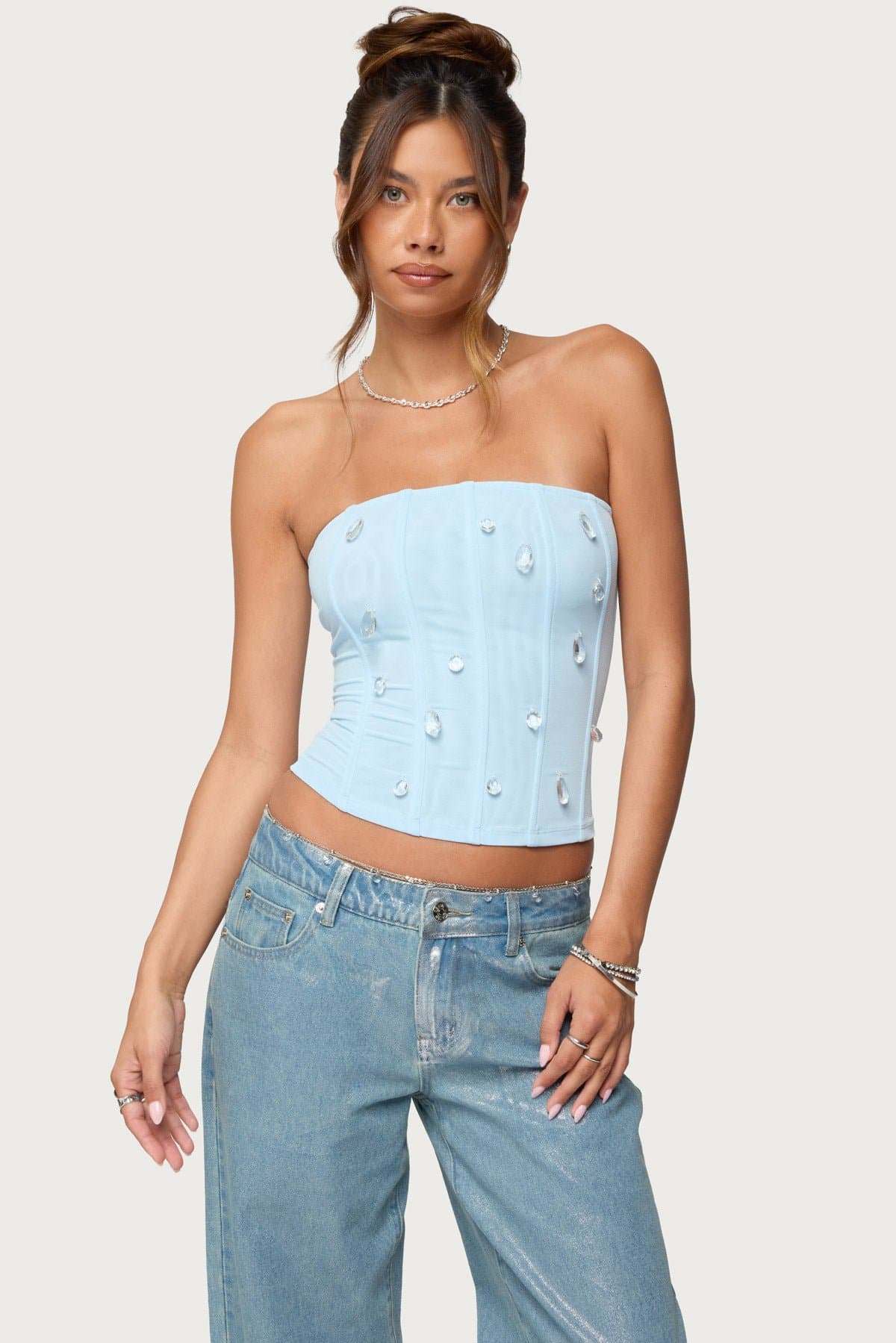 Lexah Faux Crystal Strapless Mesh Corset - Boned Nylon Spandex Bodice