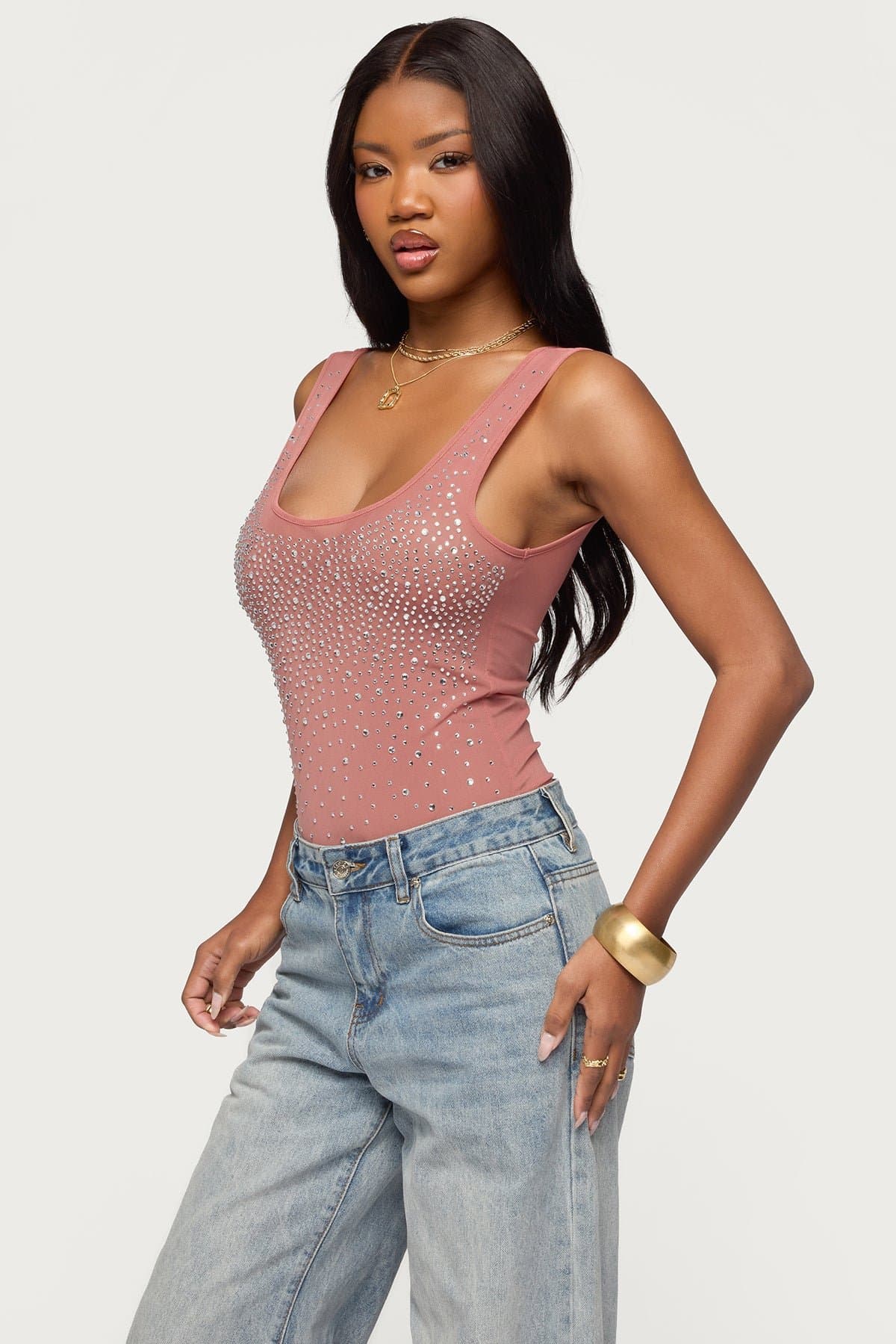 Angelita Rhinestone Sheer Mesh Bodysuit - Scoop Neck Polyester Spandex