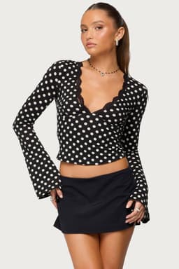 Polka Dot Lacey Plunge V-Neck Long Sleeve Top - Polyester Spandex