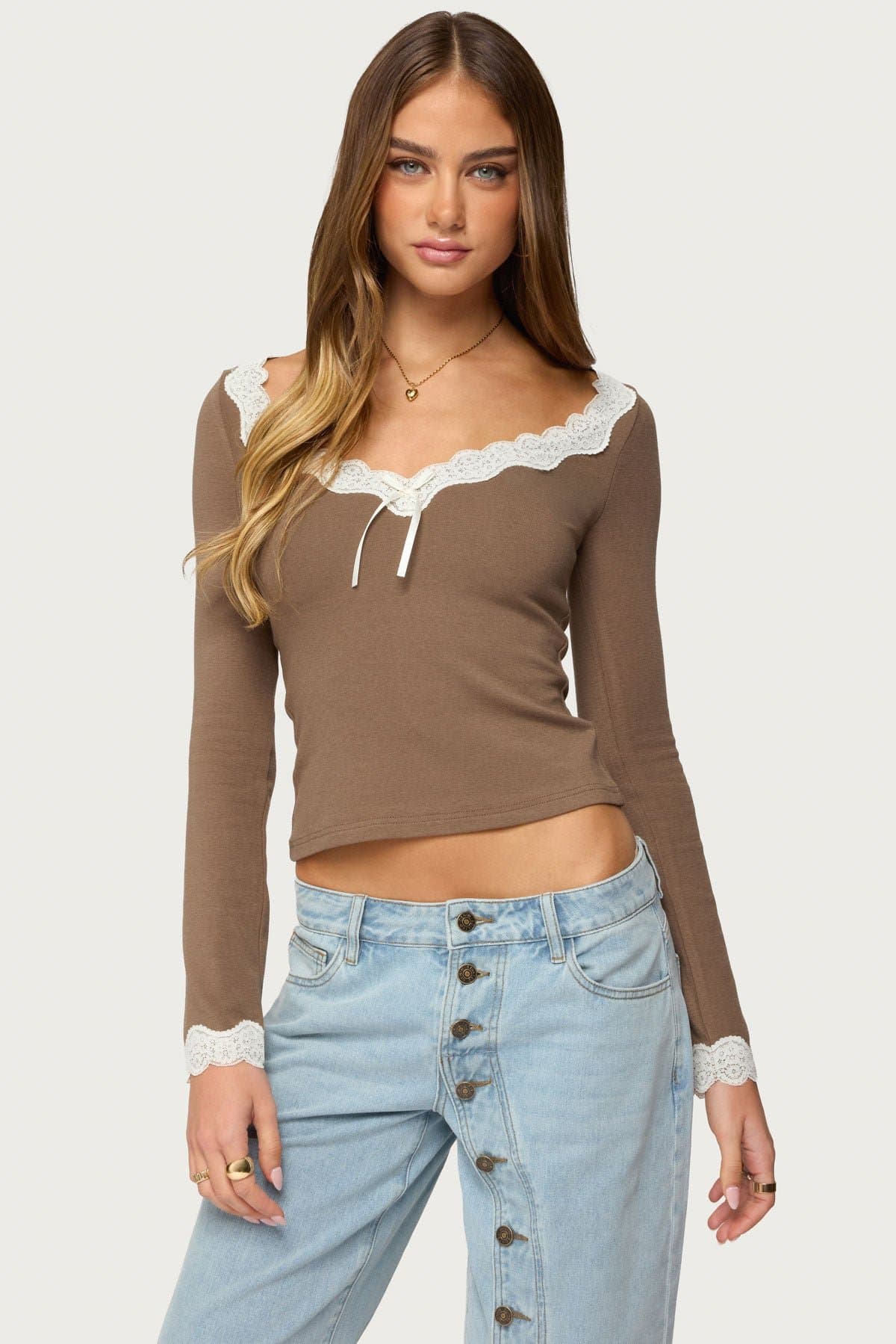 Contrast Lacey Long Sleeve Top with Scalloped Trim and Bow - Rayon Cotton Blend