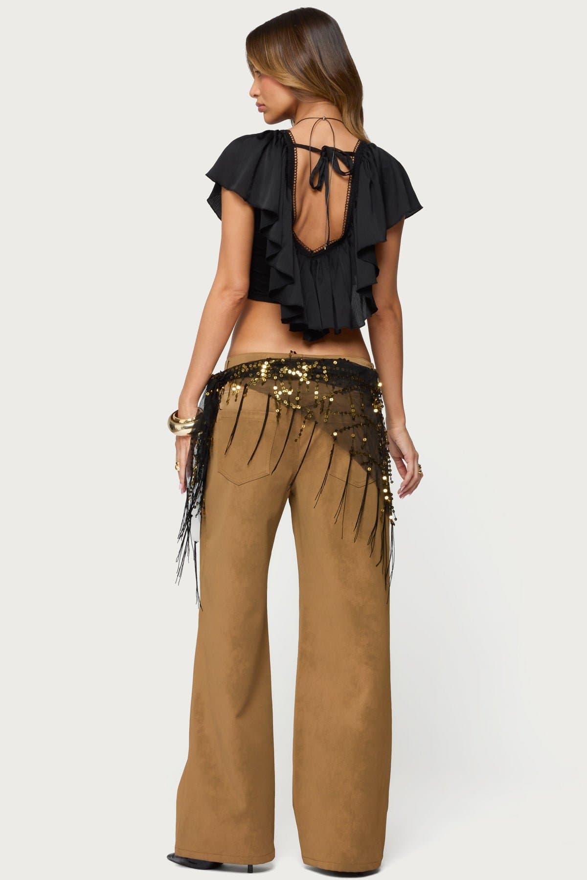 Deena Ruffled V-Neck Top - Polyester Frill Trim Open Back Tie Detail