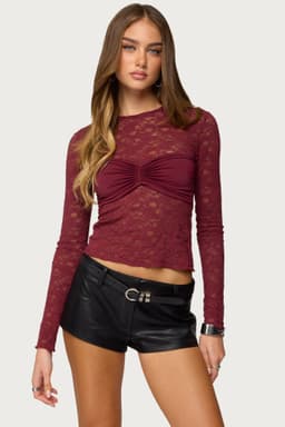 Rosette Bandeau Sheer Lace Top - Long Sleeve Polyester Spandex Lined Bust