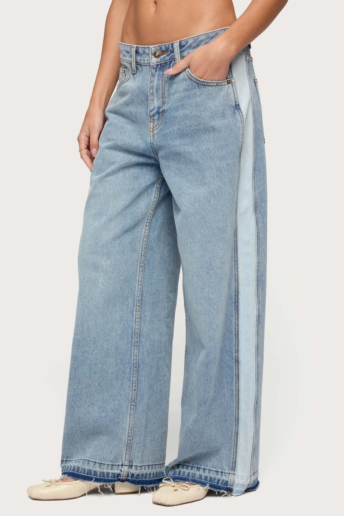 Cailin Contrast Panel Low Rise Baggy Jeans - 100% Cotton Rigid Denim