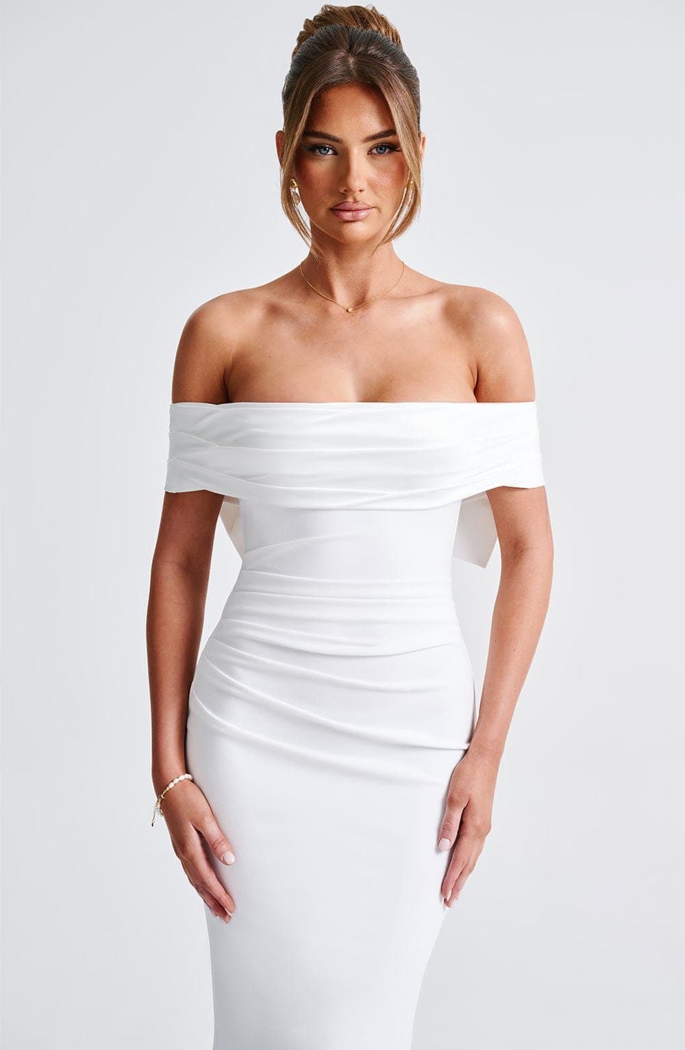 Joanna Maxi Dress in Ivory - Stretch Crepe Fit and Flare with Bardot Neckline