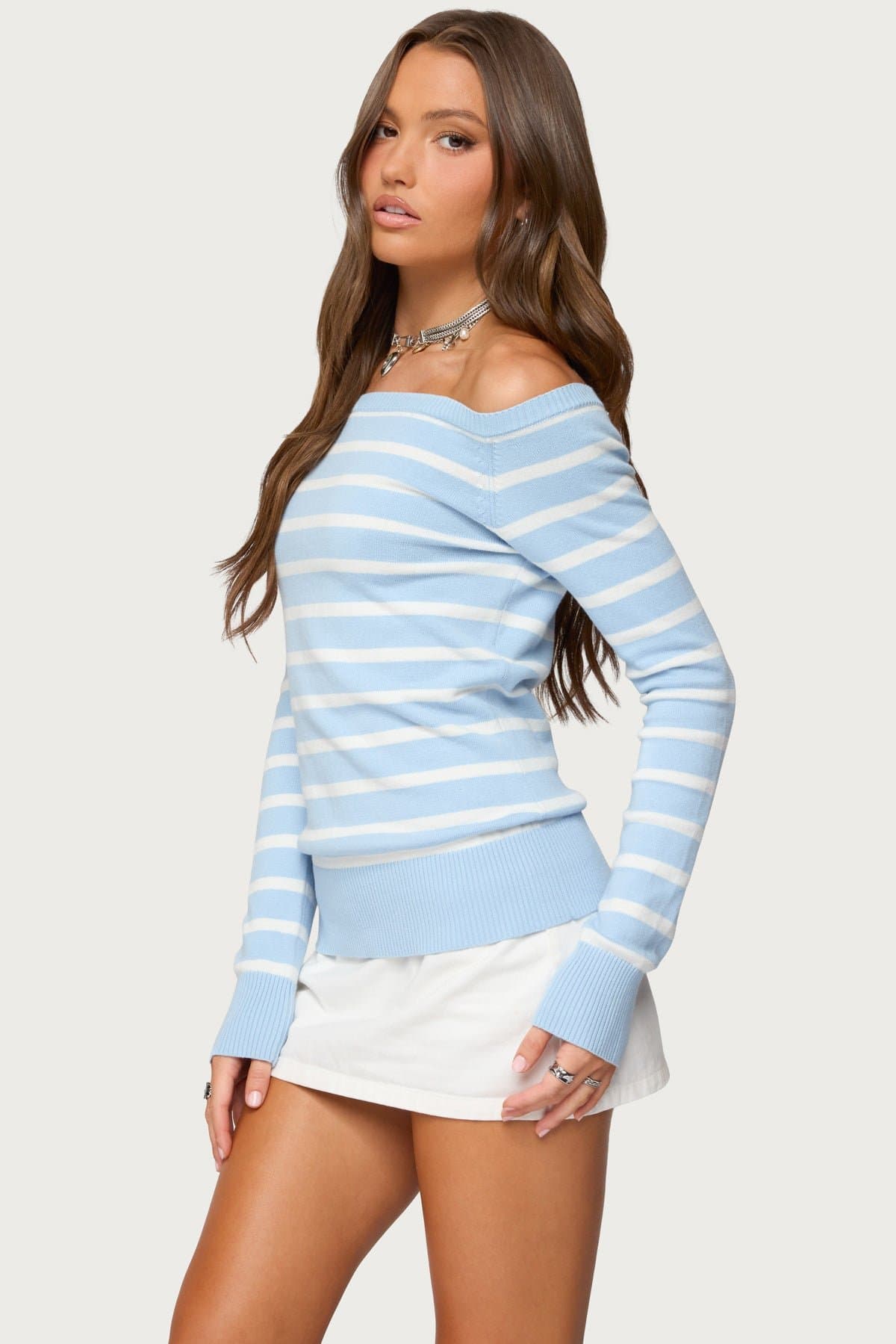 Lori Striped Off Shoulder Cotton Sweater - Ribbed Knit Pullover