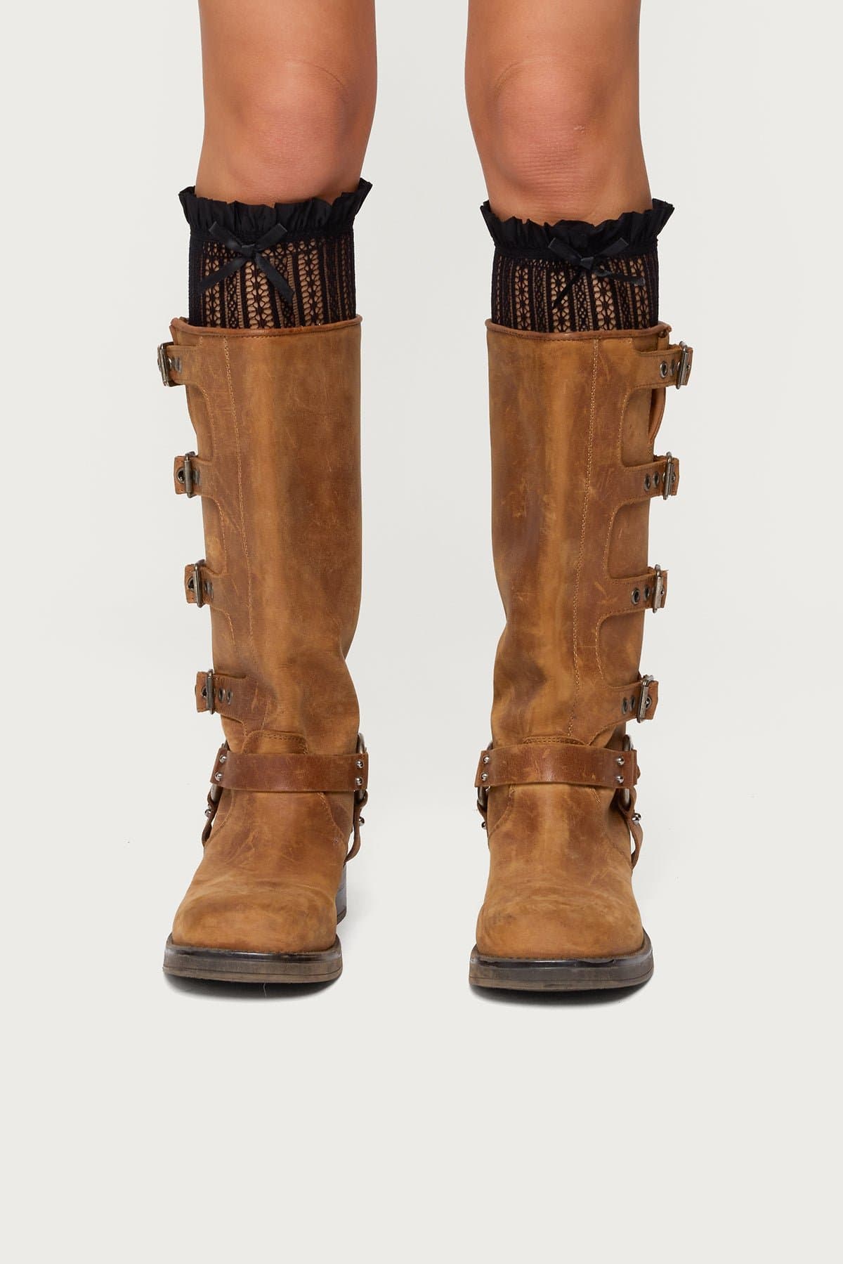 Sheer Lace Socks with Bow Detail - Nylon Spandex, 14.2 Inch Length