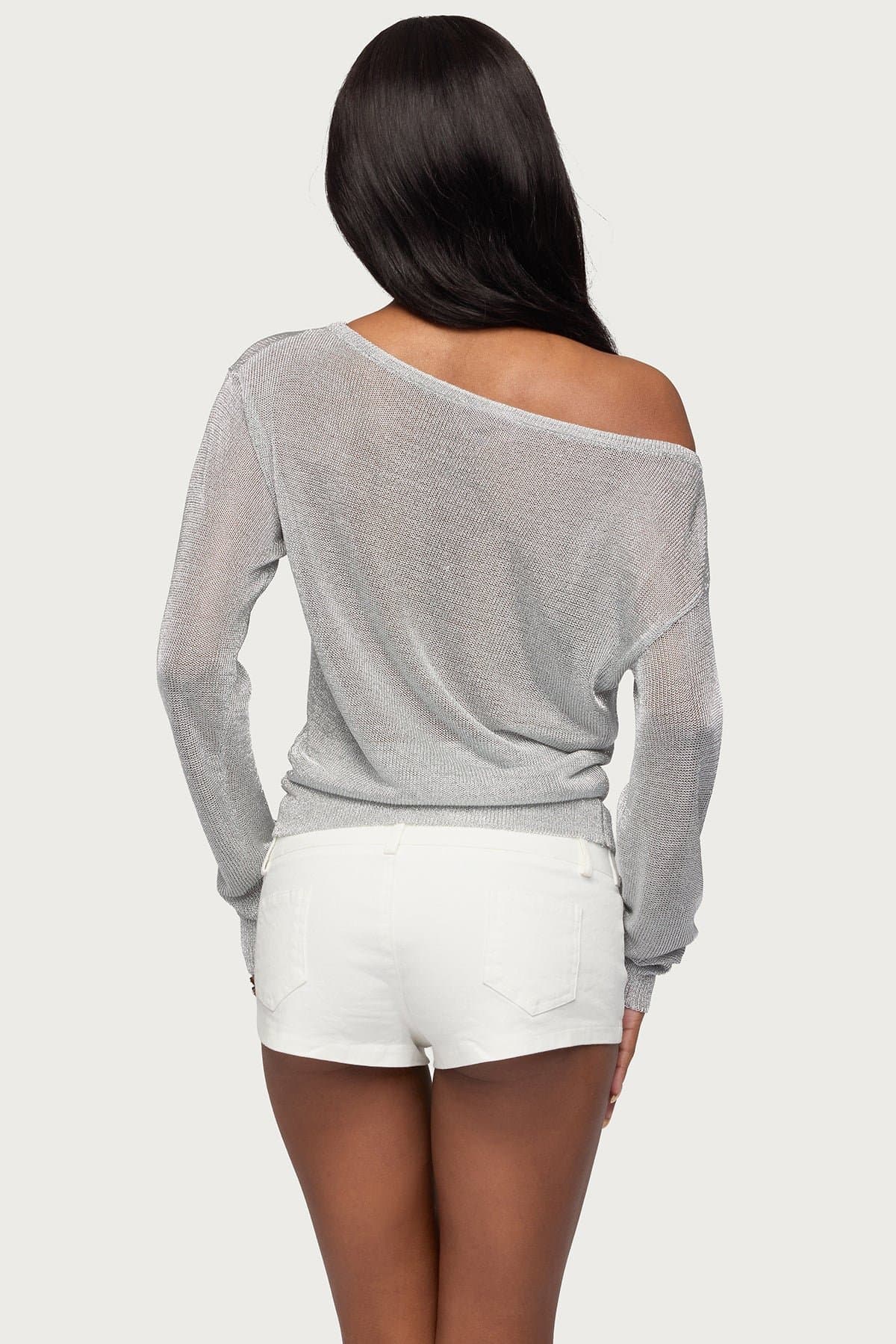 Charlo Off Shoulder Shiny Knit Long Sleeve Top