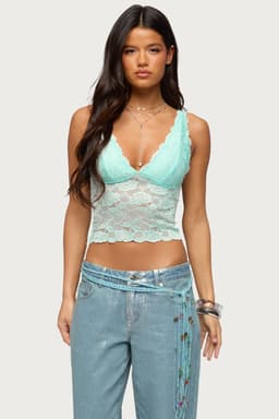 Vanya Sheer Lace V-Neck Top - Polyester Spandex Scalloped Trim Lined Bust